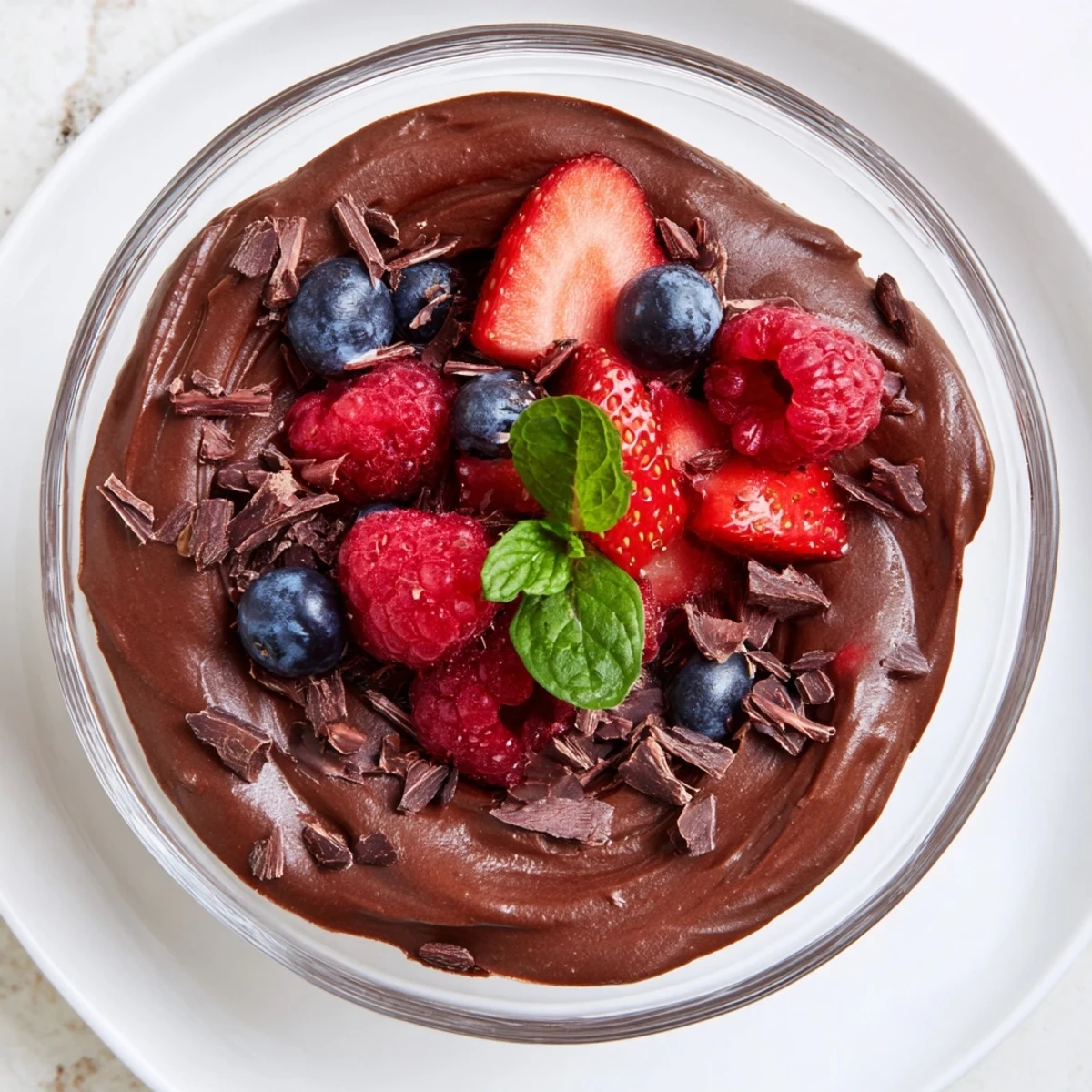A spoonful of rich chocolate mousse topped with fresh strawberries, blueberries, and raspberries over a white marble surface.