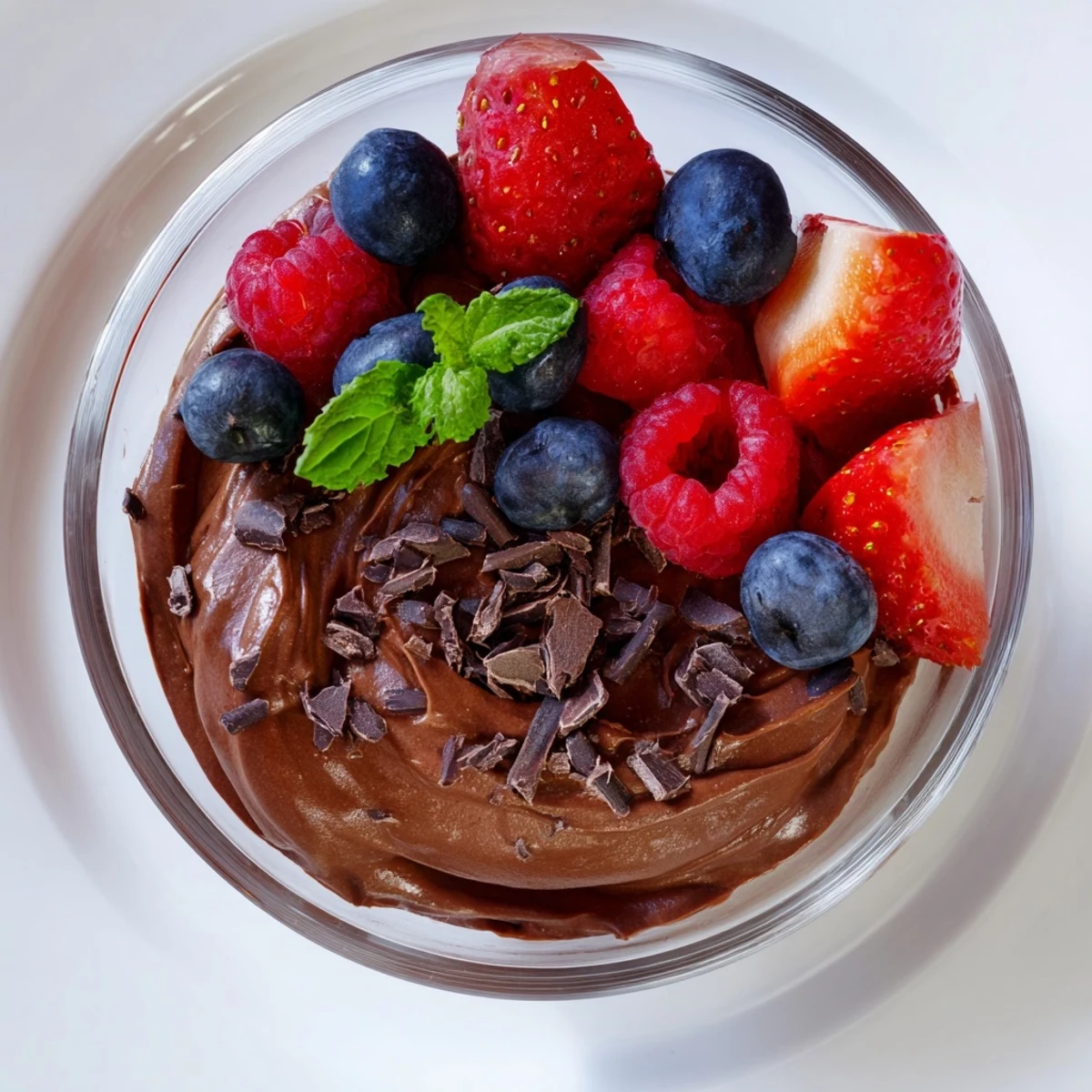 Silky chocolate mousse with mixed berries in a clear glass, garnished with fresh mint for an elegant dessert.