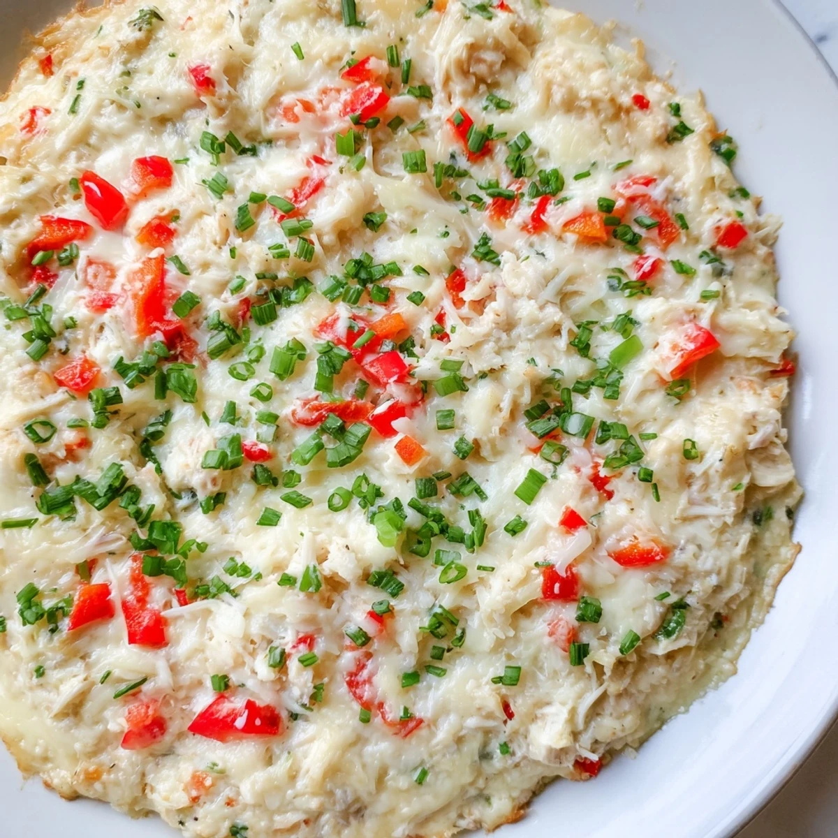 A bubbling, cheesy Crab Dip is served with crispy toasted baguette slices for dipping.