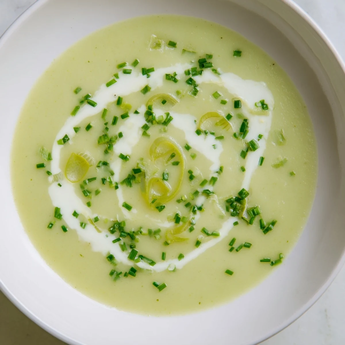 Creamy leek and potato soup with cream in a white ceramic bowl, topped with fresh chives for color.