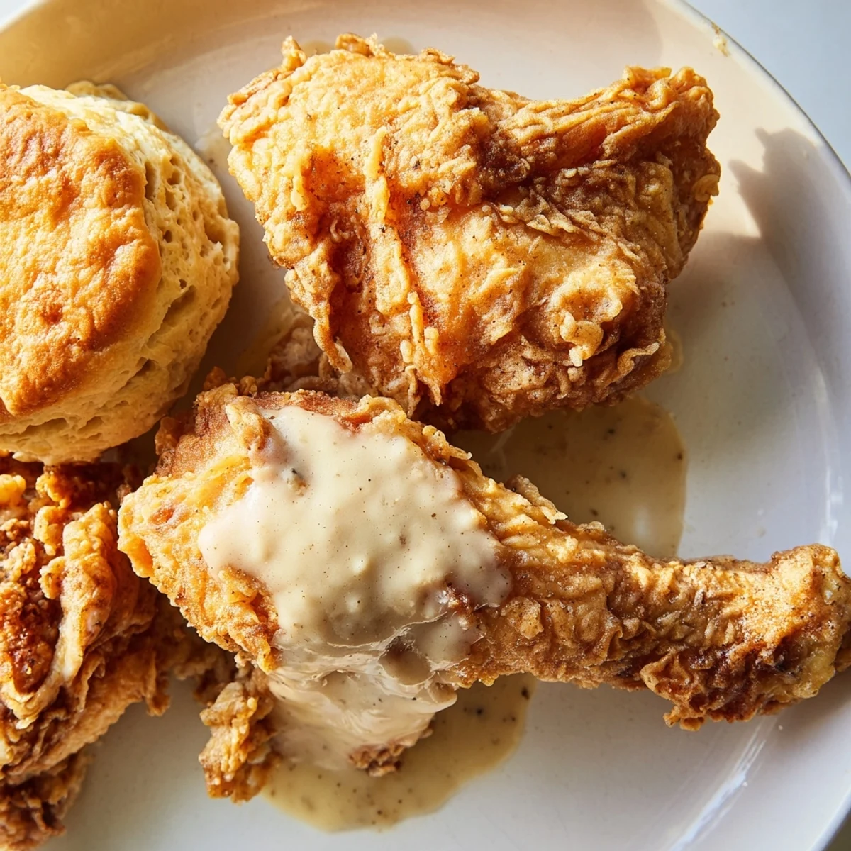 Hearty Southern fried chicken with biscuits and gravy served alongside fresh collard greens for dinner.