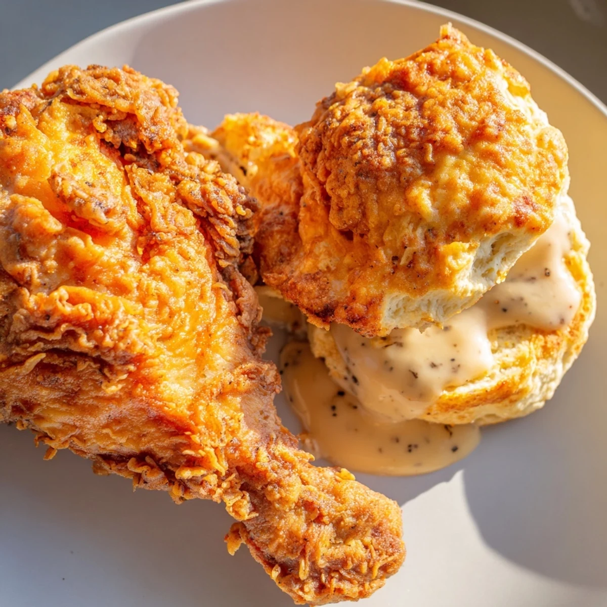 Golden fried chicken thighs with flaky buttermilk biscuits and rich creamy pepper gravy on a white plate.