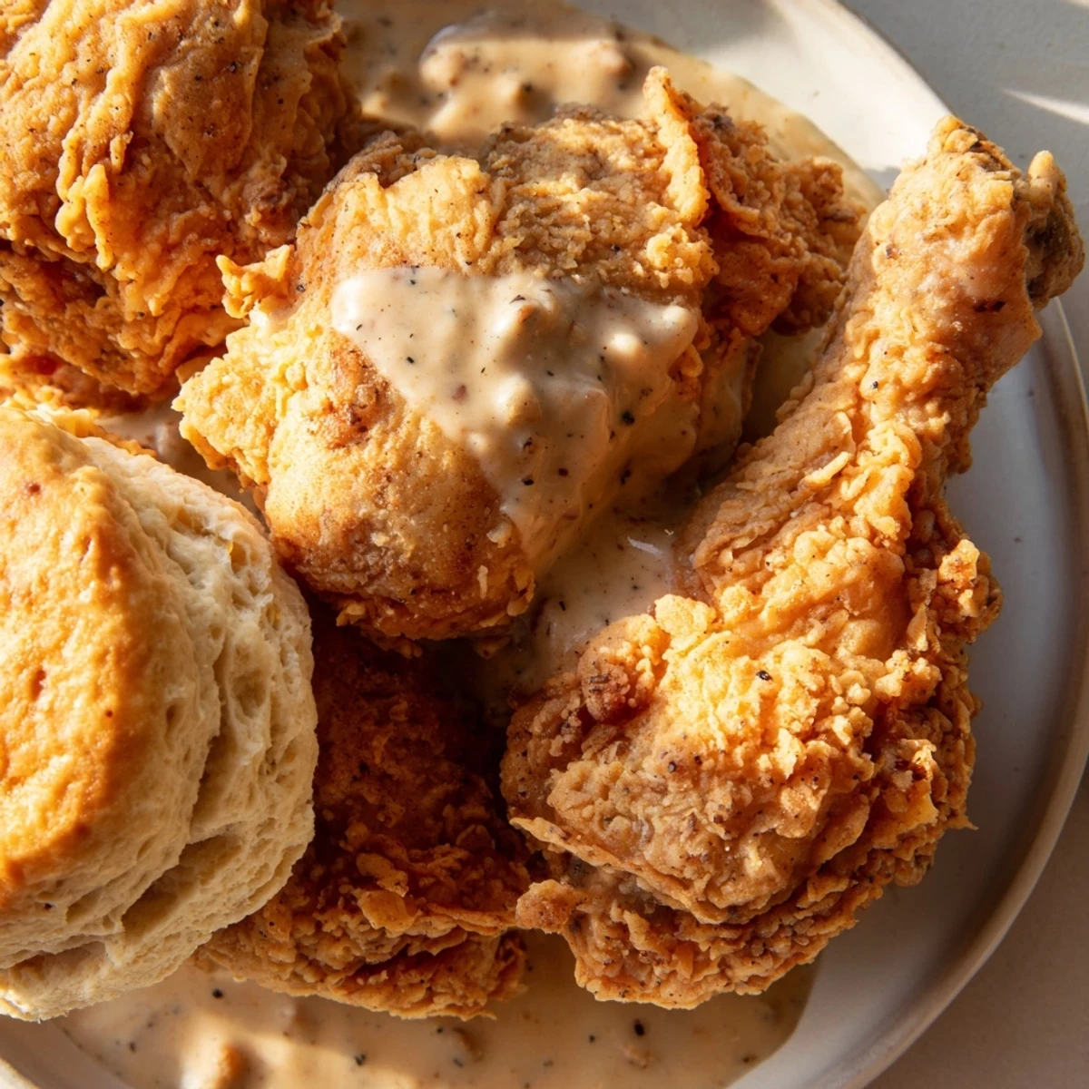 Close-up of crispy fried chicken with biscuits and peppered gravy, perfect comfort food for a family meal.