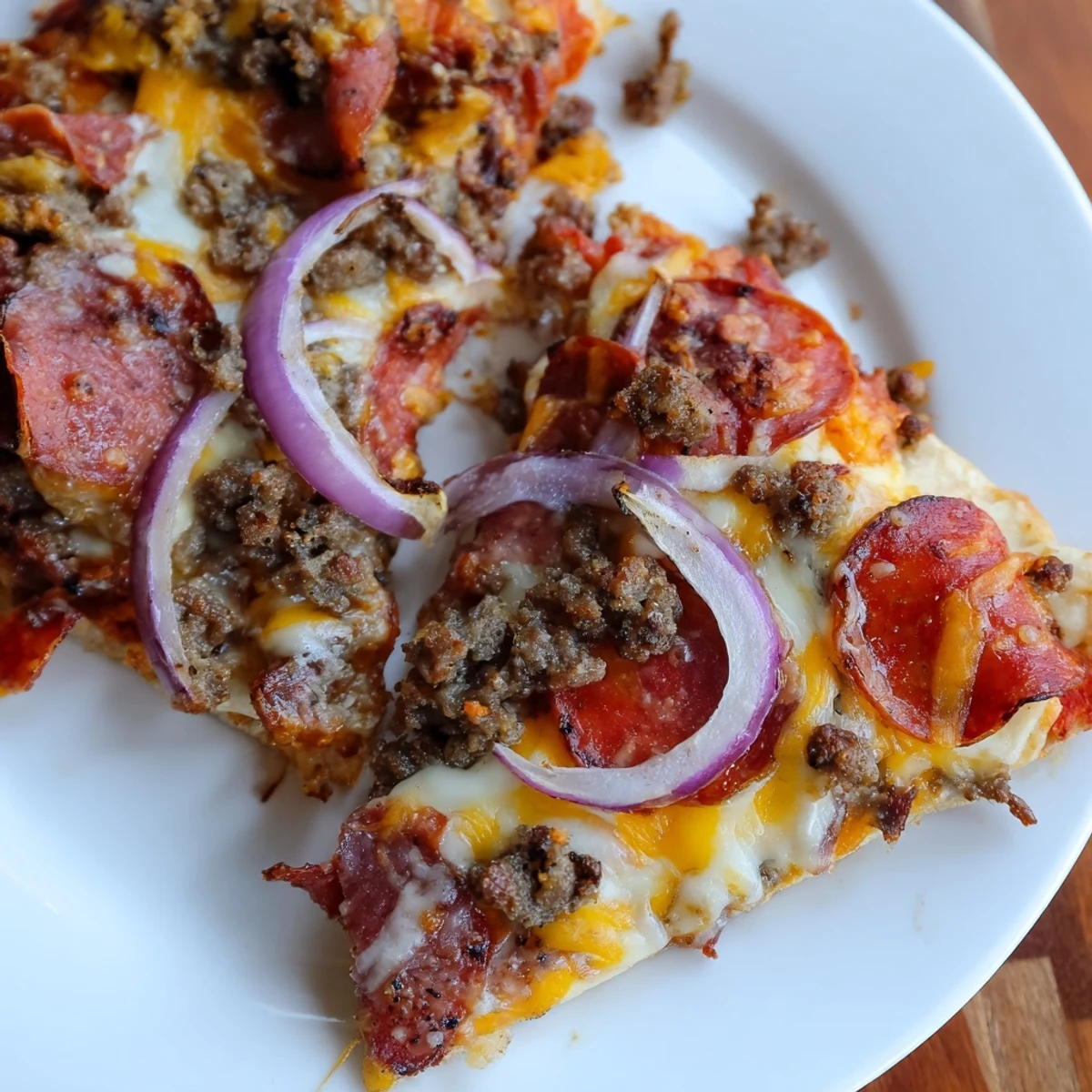 Slice into a hearty Meat Lover Pizza with Beef Toppings loaded with savory ground beef and smoky bacon bits.  