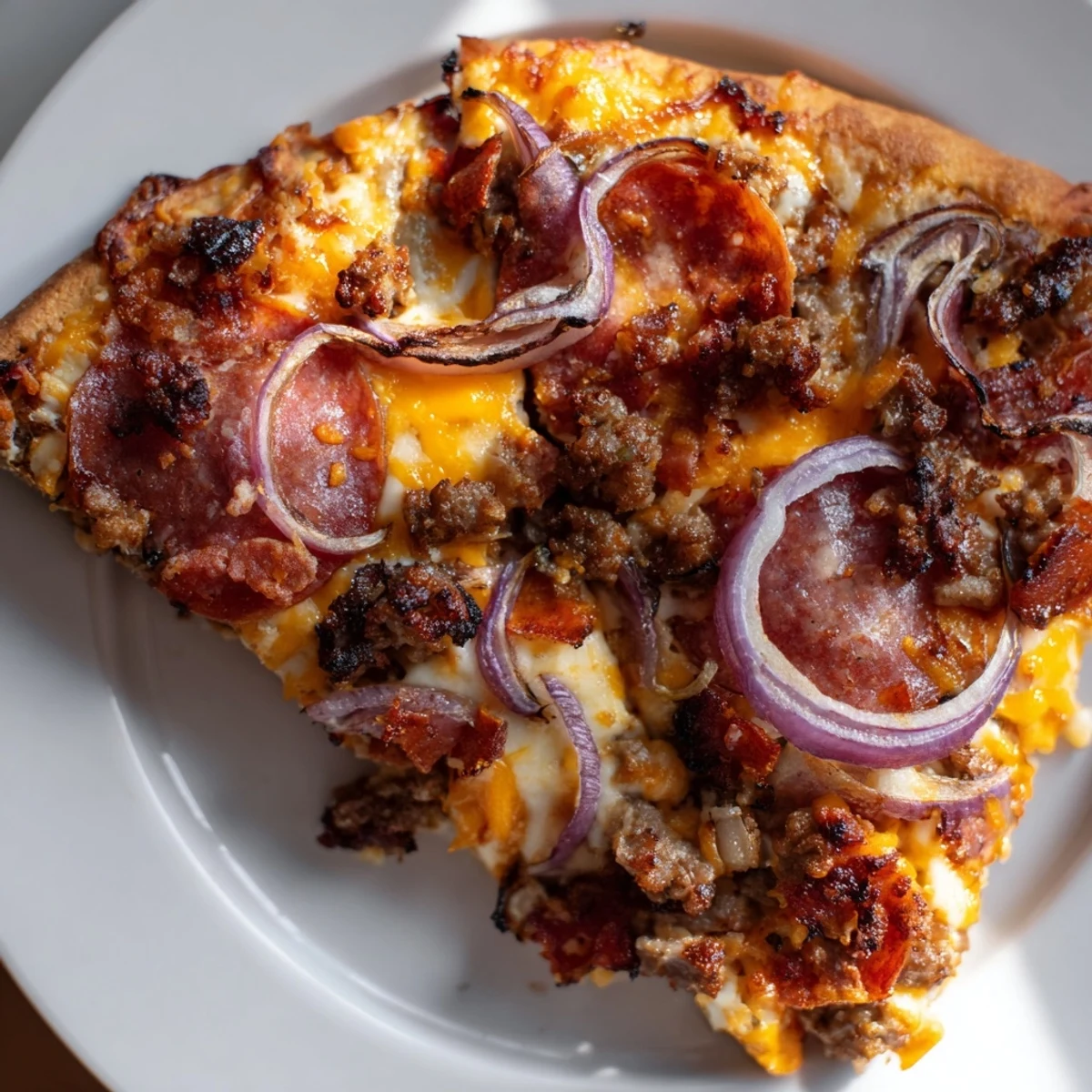 Savory Meat Lover Pizza with Beef Toppings sits beside a cold lager, showcasing juicy sausage and pepperoni layers.