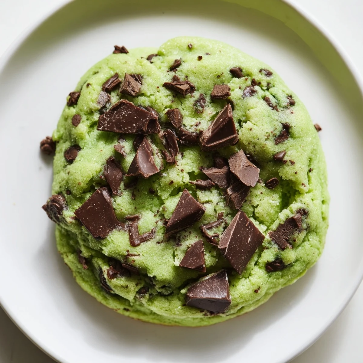 A stack of warm Mint Chip Cookies with vibrant green dough and melted dark chocolate chips on a rustic wooden board.