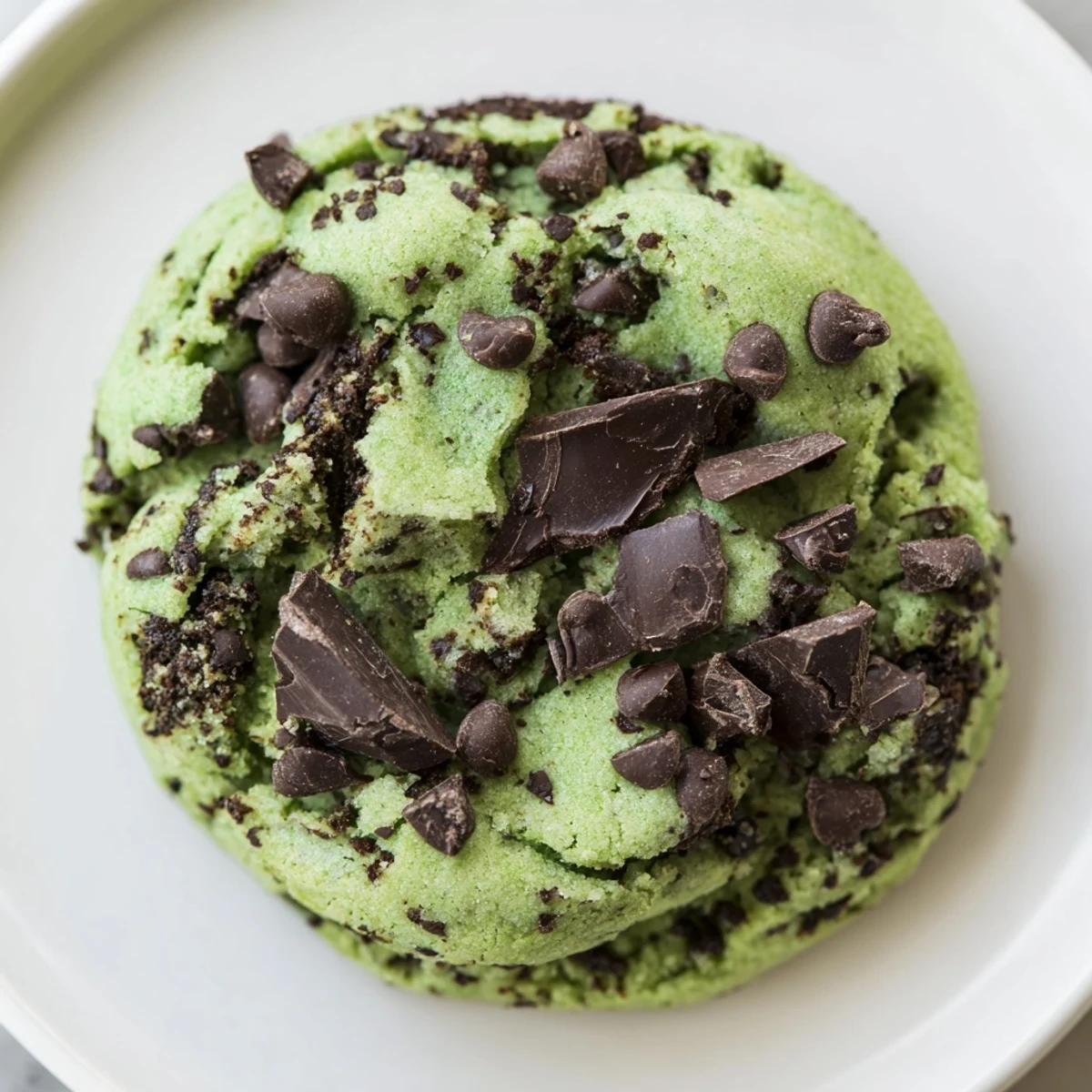 A close-up of freshly baked Mint Chip Cookies, showing the soft, chewy texture and cool peppermint flecks.