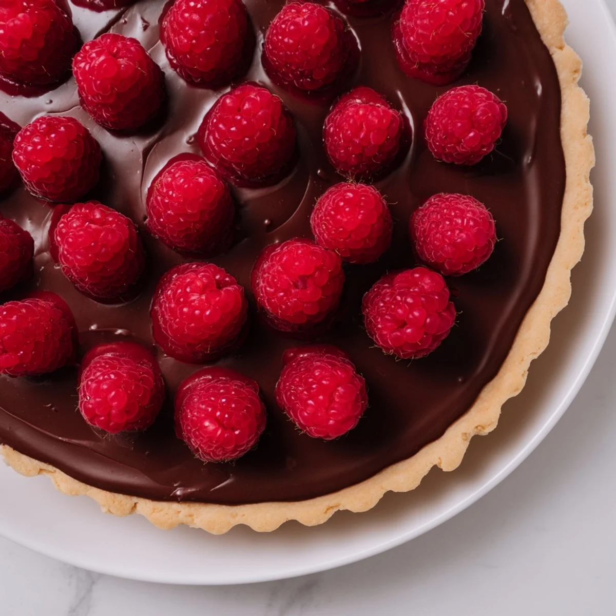 A slice of Raspberry Tart with Chocolate Ganache reveals silky dark chocolate and fresh berries, ready for a special occasion dessert.