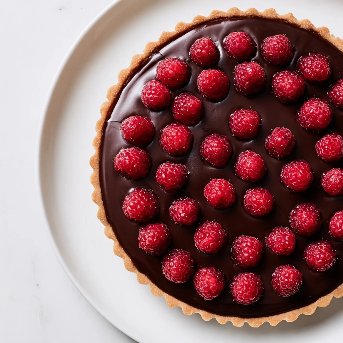 Close-up of a homemade Raspberry Tart with Chocolate Ganache, featuring a buttery crust and glossy ganache topped with ripe red raspberries.