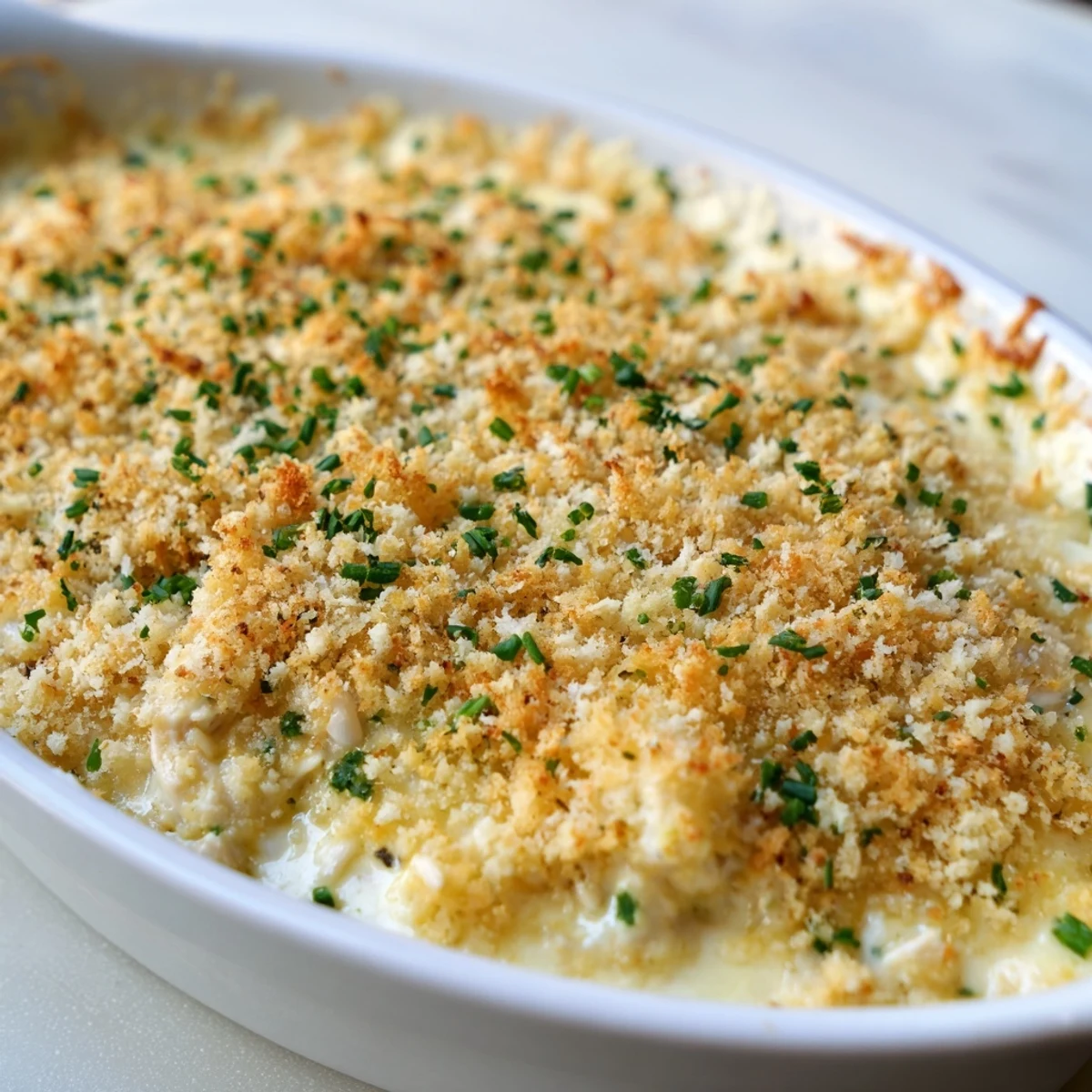 Freshly baked Crab Dip with Crackers and Crostini, garnished with chives and ready for a party.  