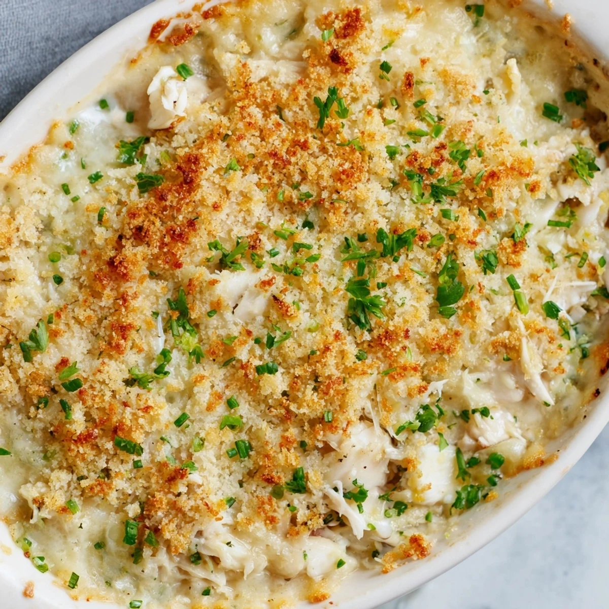 Golden-baked Crab Dip with Crackers and Crostini, featuring a creamy, bubbling topping served warm.  