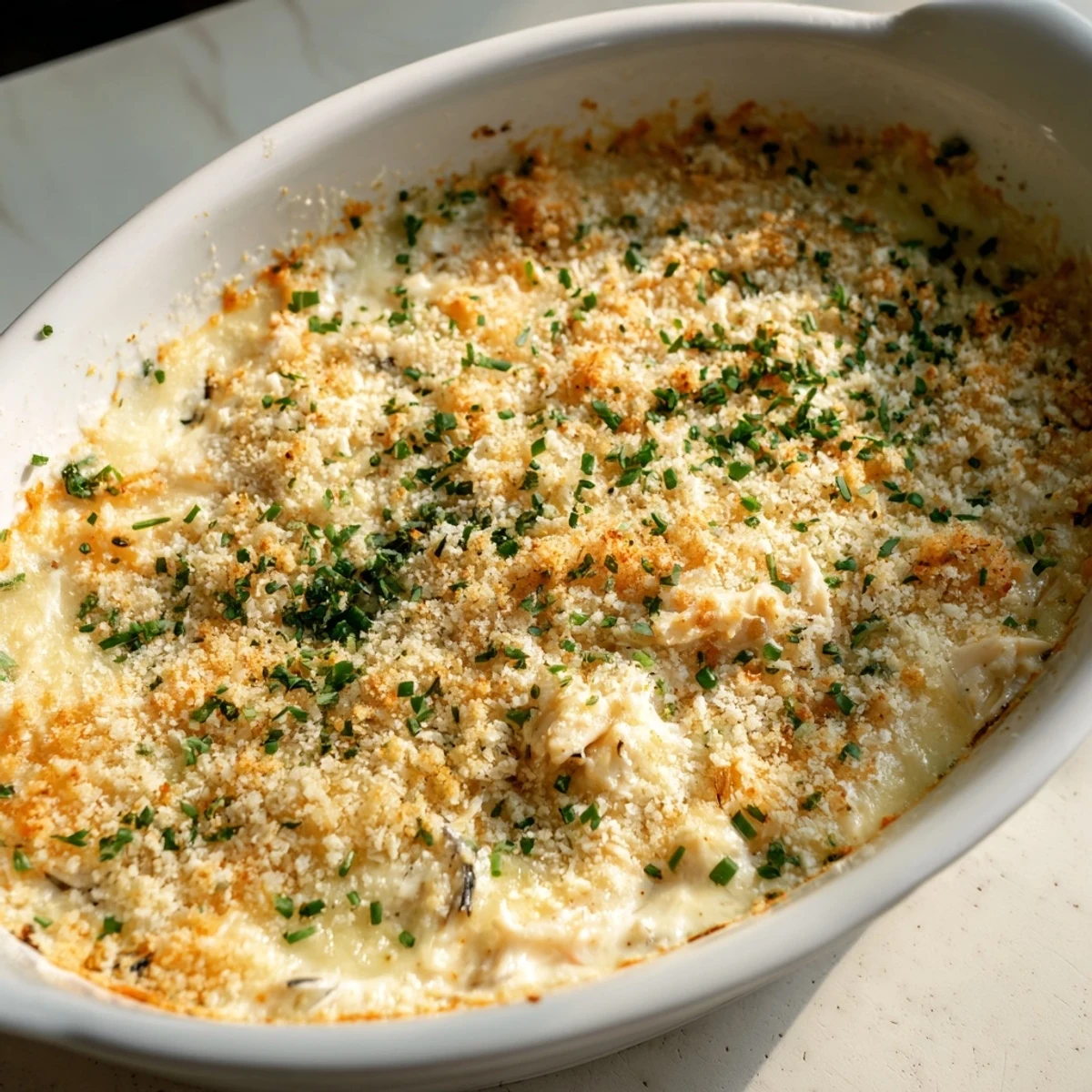Warm appetizer of Crab Dip with Crackers and Crostini, showcasing a rich, savory, golden-brown finish.