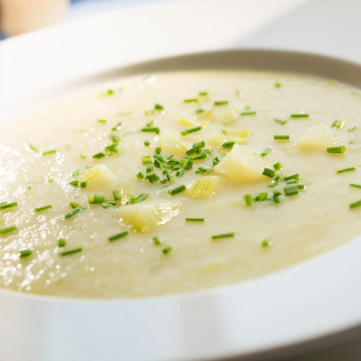 A comforting bowl of Leek and Potato Soup with Cream, garnished with fresh chives, showcasing its velvety, pale green texture.  