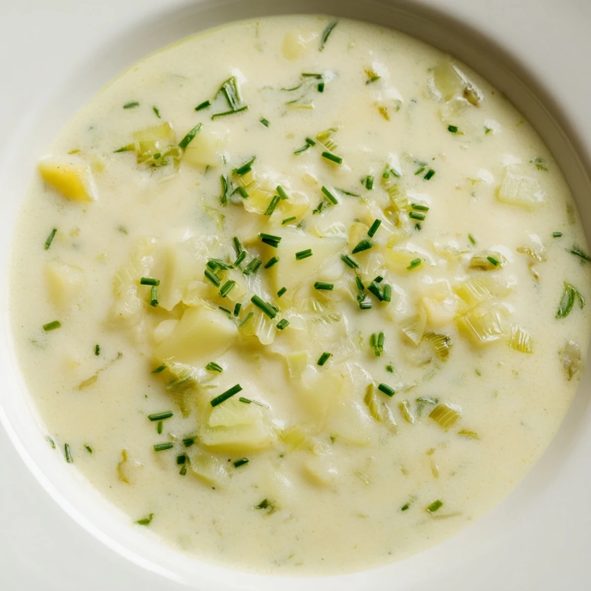 Hearty Leek and Potato Soup with Cream steaming in a rustic bowl, ready to be served with crusty bread for dipping.  