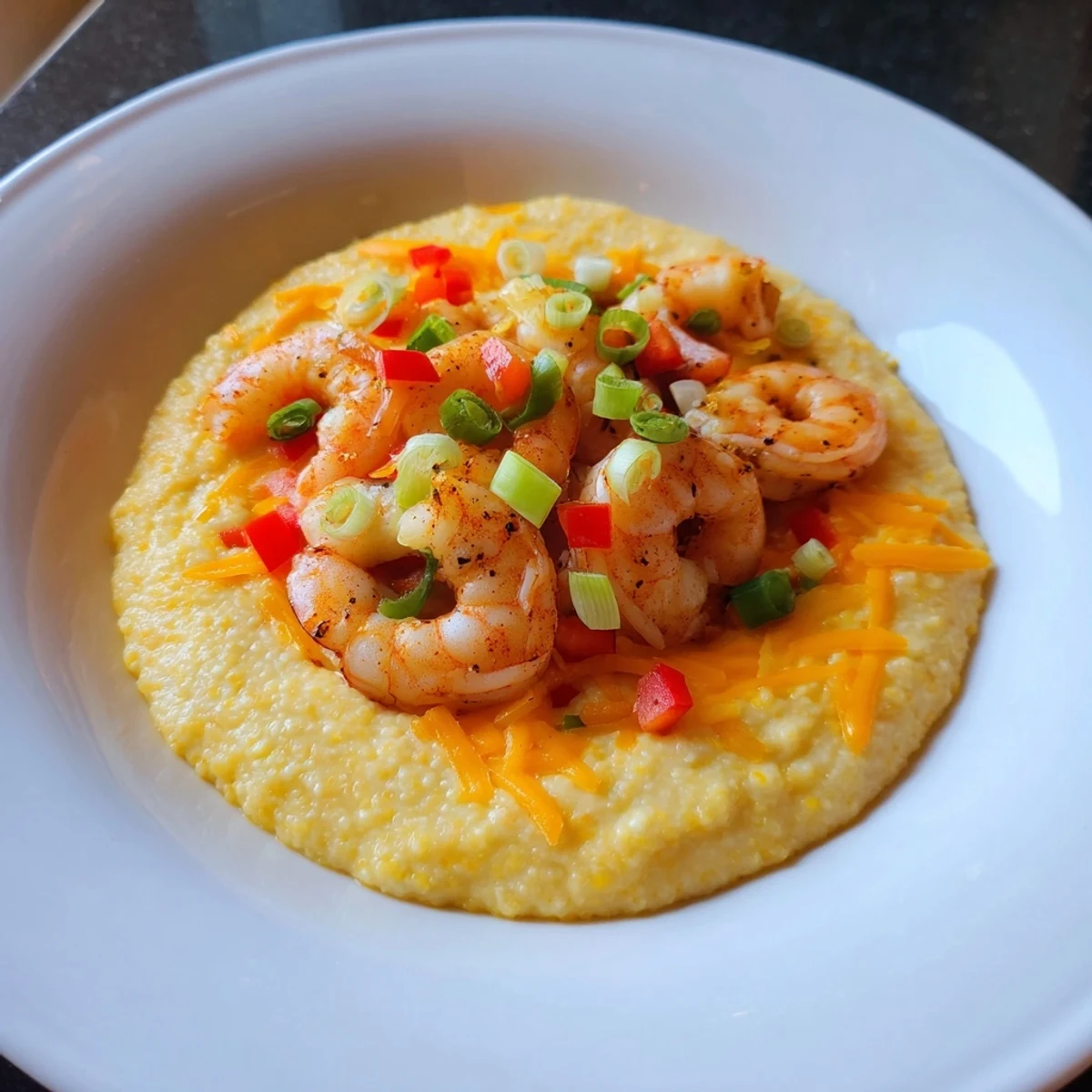 Warm, creamy cheddar cheese grits topped with sautéed shrimp andouille sausage for a hearty Southern meal.  