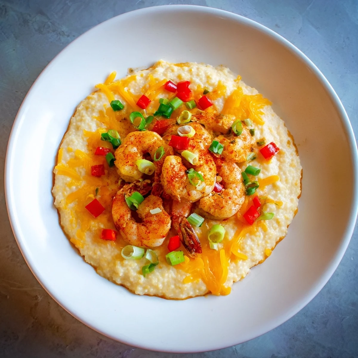 A close-up of Shrimp and Grits with Cheddar Cheese, featuring plump shrimp on a bed of cheesy grits.  