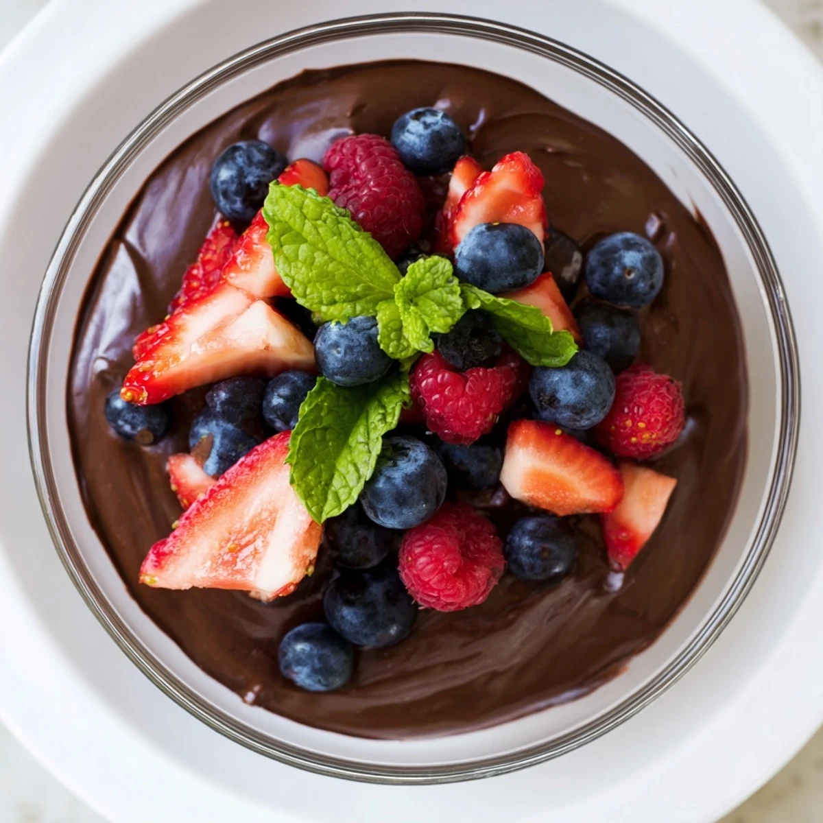 Rich chocolate mousse dessert topped with fresh mixed berries and mint in a clear serving glass.  
