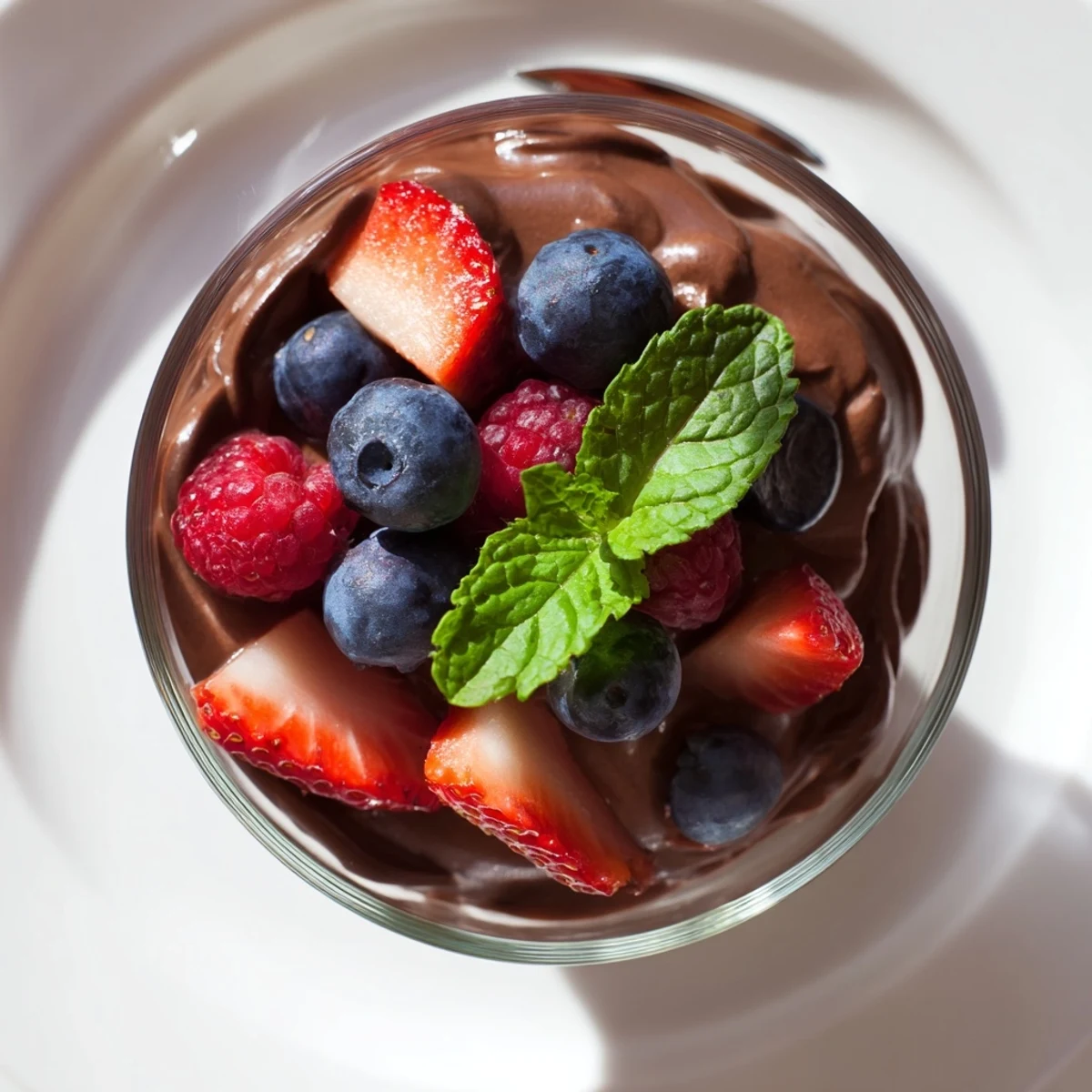 Silky chocolate mousse topped with fresh mixed berries, including strawberries and raspberries, for a perfect dessert.