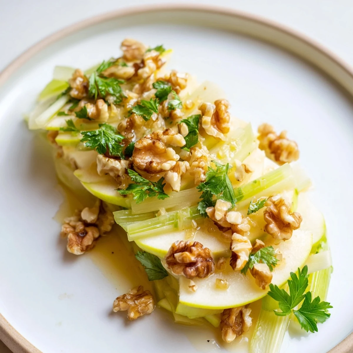 Fresh slices of apple and crisp celery tossed with toasted walnuts and parsley in a light lemon vinaigrette.  