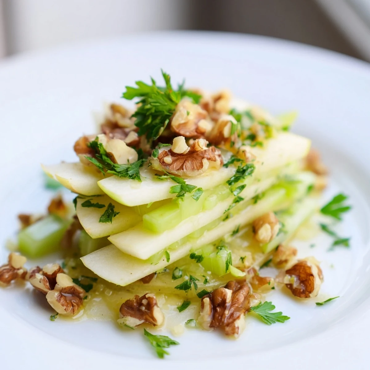 A close-up of Apple and Celery Salad with Walnuts glistening with lemon dressing and flecked with herbs.  