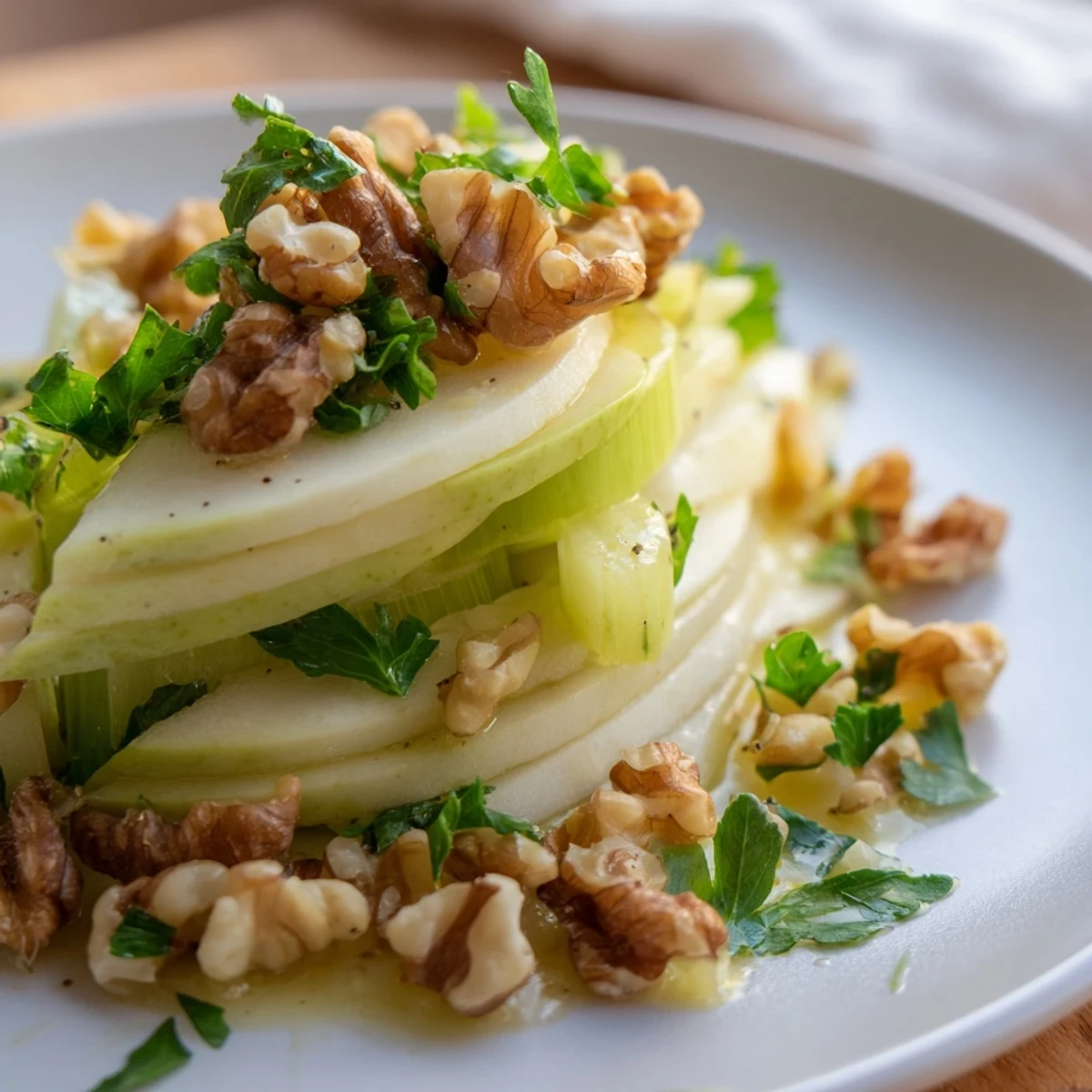 Apple and Celery Salad with Walnuts served in a white bowl, ready to enjoy as a refreshing side.