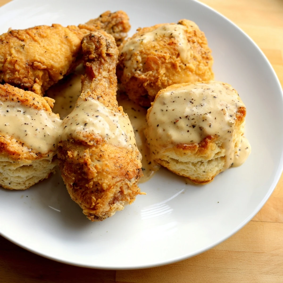 Crispy golden fried chicken pieces, tender flaky biscuits, and rich peppery country gravy plated on a rustic table.