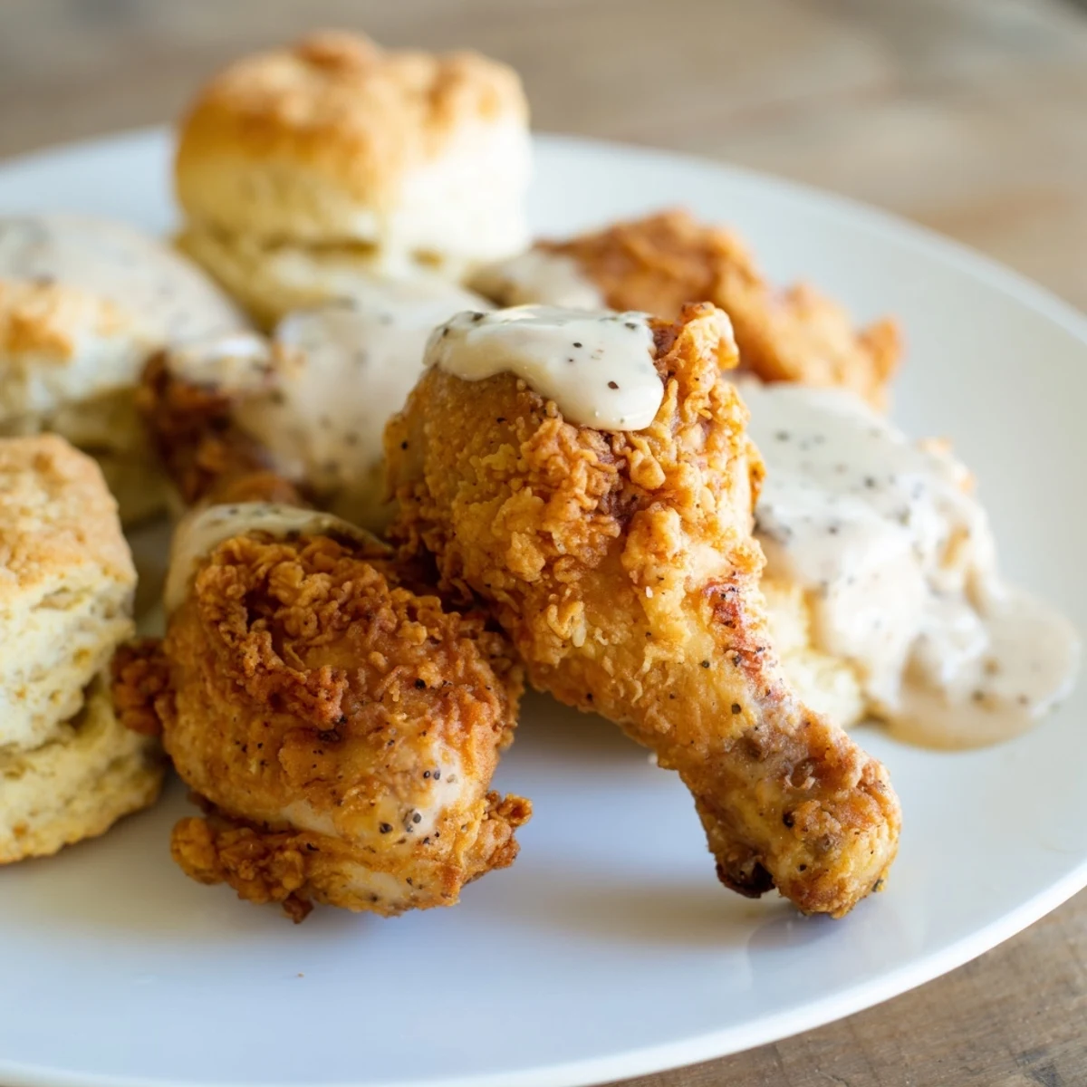 Homemade fried chicken with biscuits and gravy, golden brown chicken, warm biscuits, and creamy peppered gravy ready to serve.