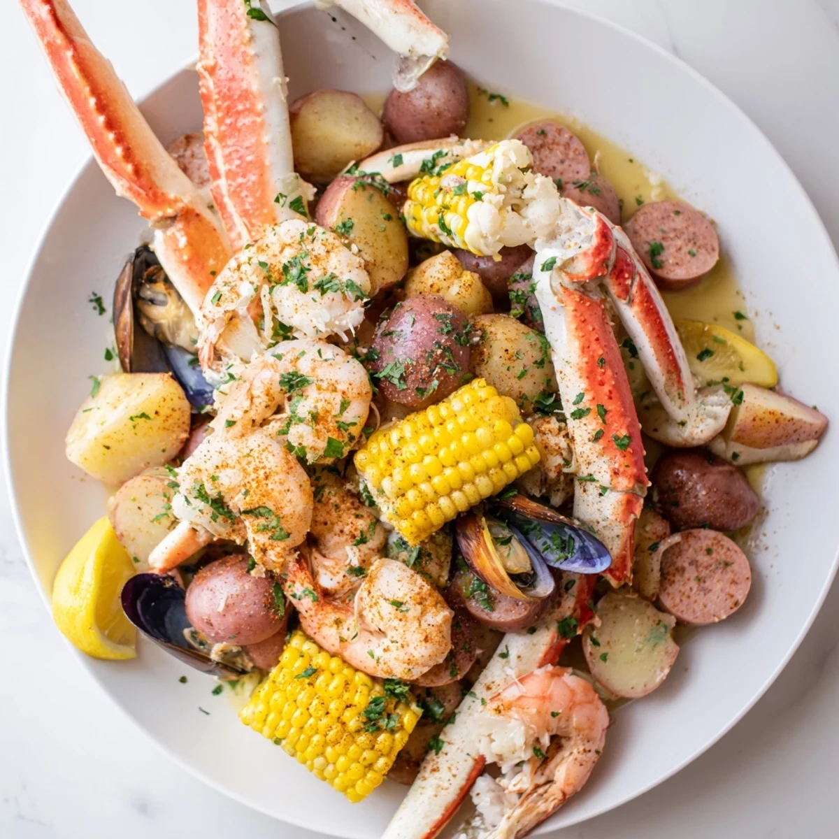 Steaming Cajun Seafood Boil with corn and shellfish served on a tray, ready for a festive meal.