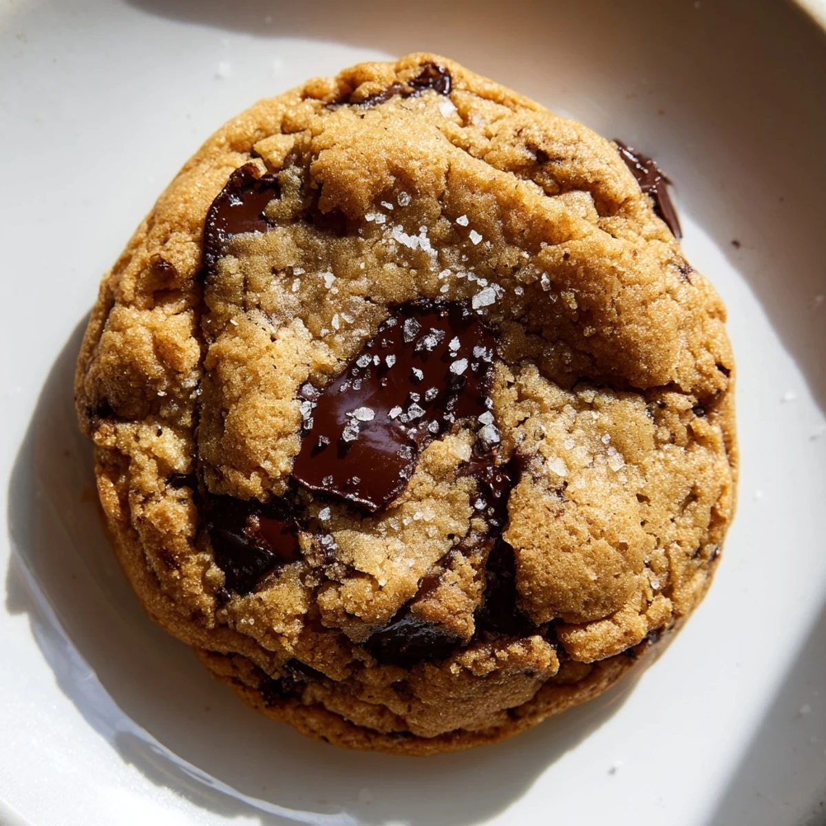 Golden-edged Chocolate Chip Cookies with Sea Salt on a white plate, flaky crystals shimmering.