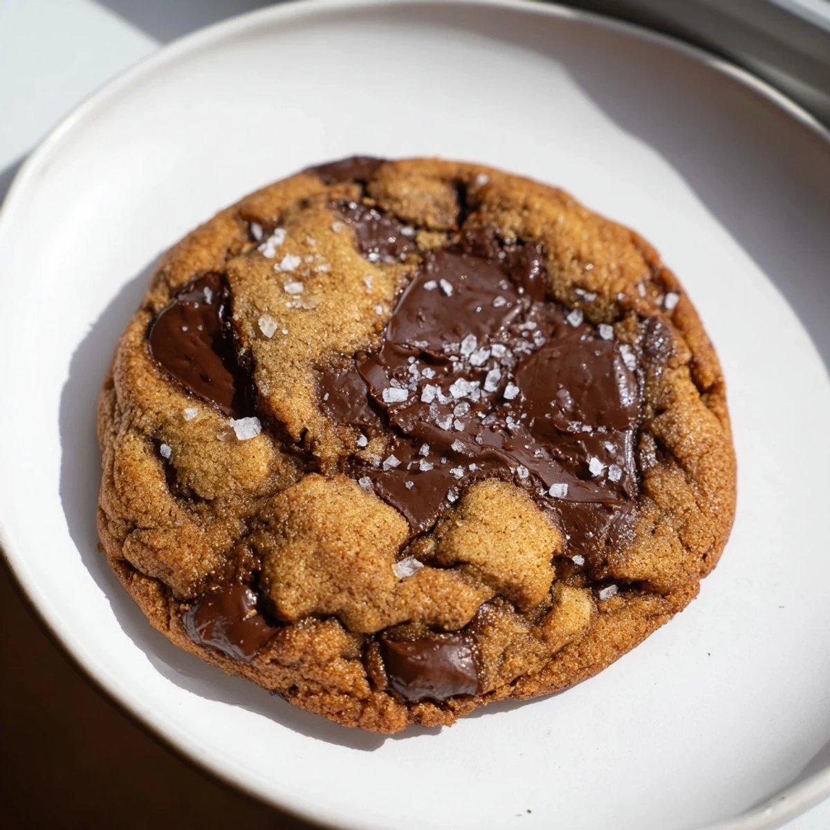 A close-up of Chocolate Chip Cookies with Sea Salt showing chewy centers and rich chocolate chunks.
