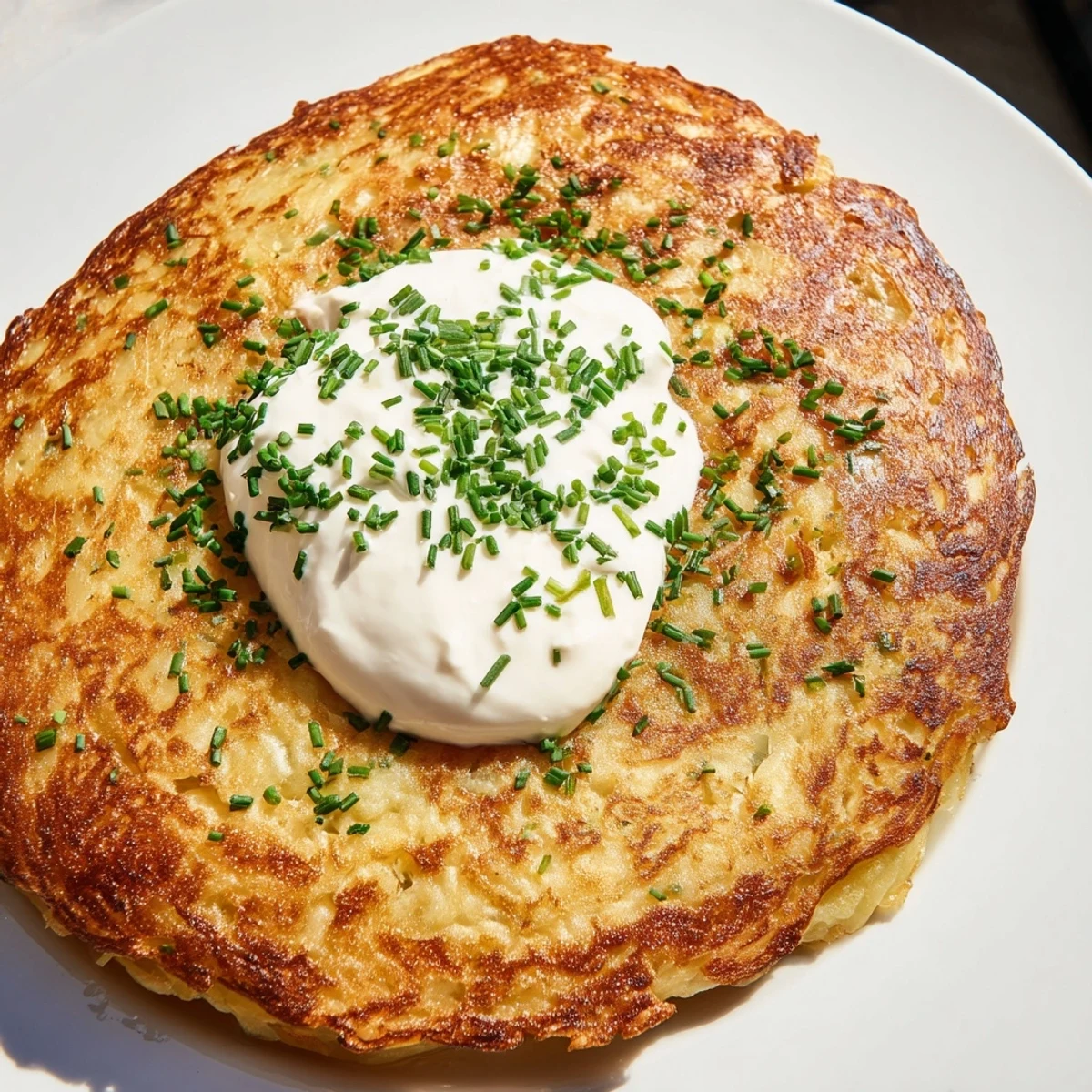 A close-up of crispy Irish Boxty pancakes, perfectly golden and served with creamy sour cream.