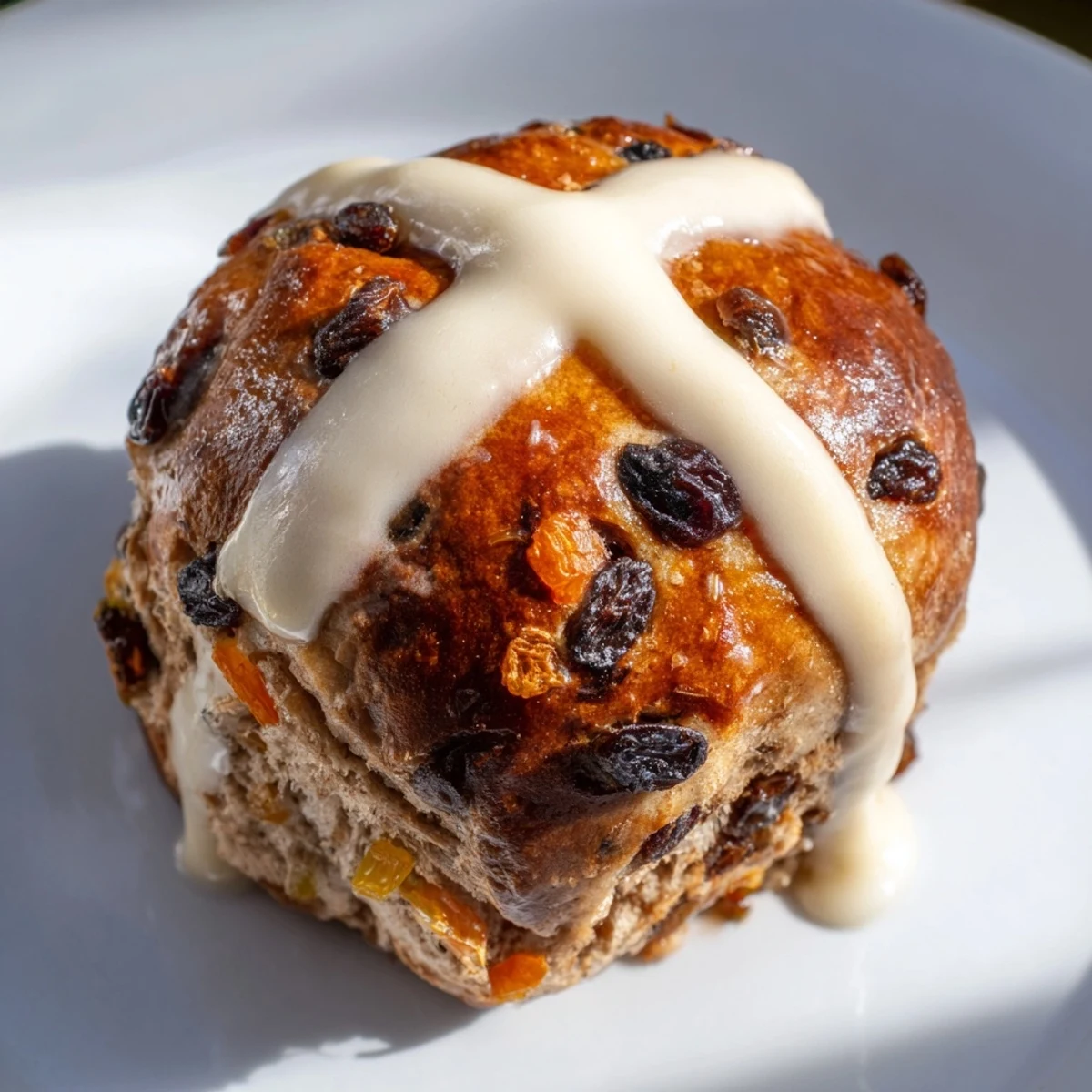 Golden-brown Easter Hot Cross Buns fresh from the oven, displaying their iconic pastry crosses and glistening apricot glaze on a rustic wooden board.