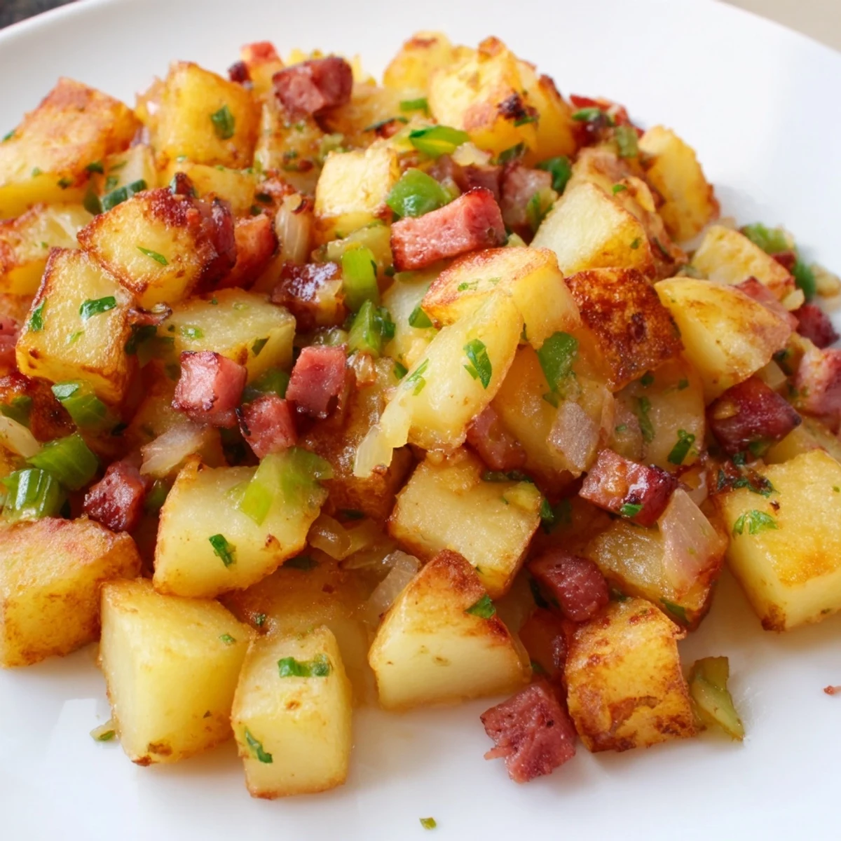 Golden brown Corned Beef Hash with crispy potatoes, sautéed onions, and green peppers, topped with a sunny-side-up egg in a skillet.