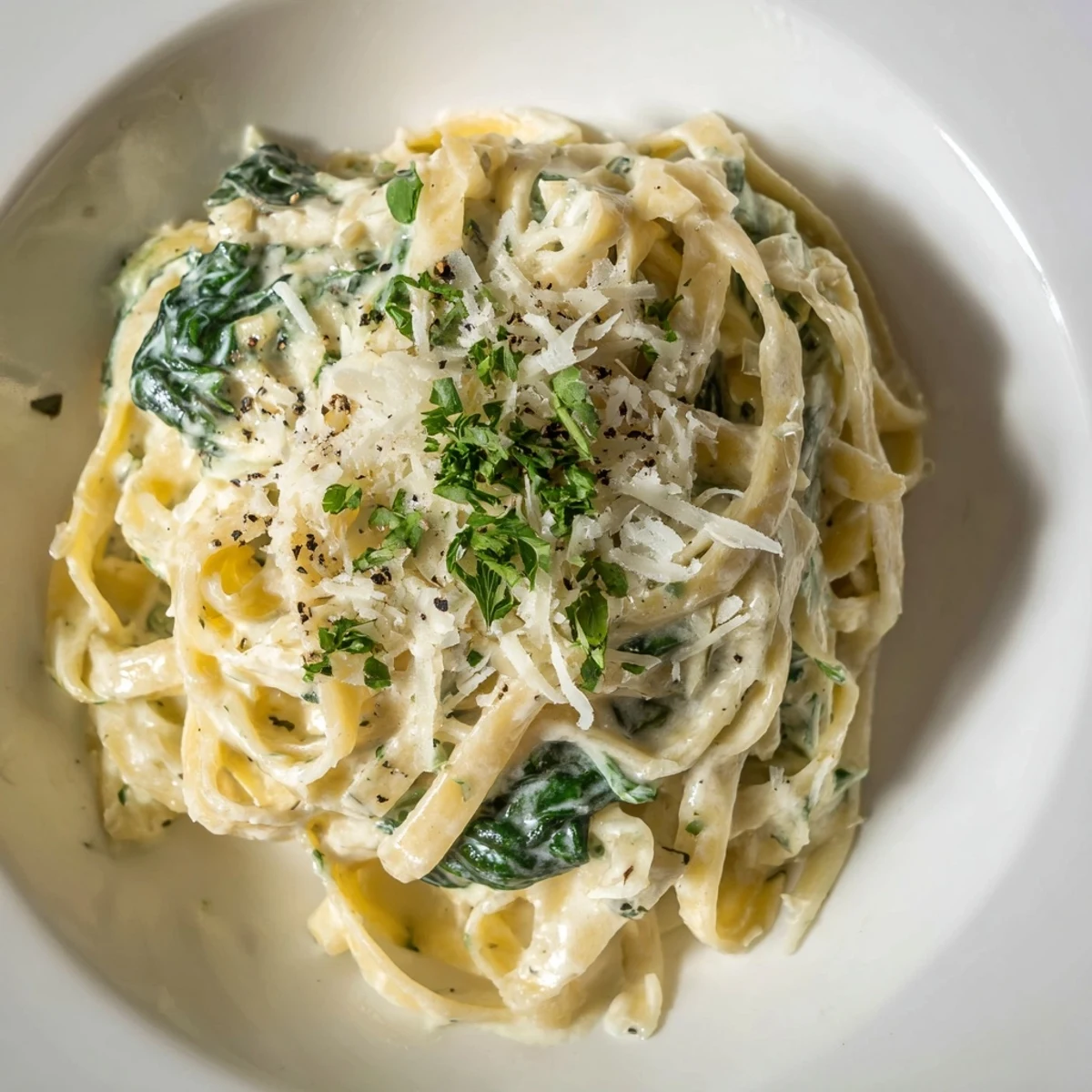 Creamy spinach pasta with garlic features tender green spinach leaves and minced garlic in a luscious, velvety white sauce.  