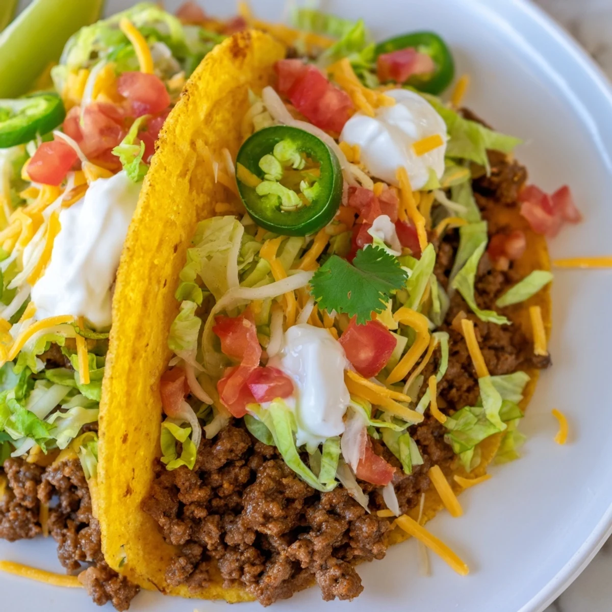 Close-up of golden-brown hard shell tacos filled with seasoned ground beef, topped with shredded lettuce, cheddar cheese, and diced tomatoes.