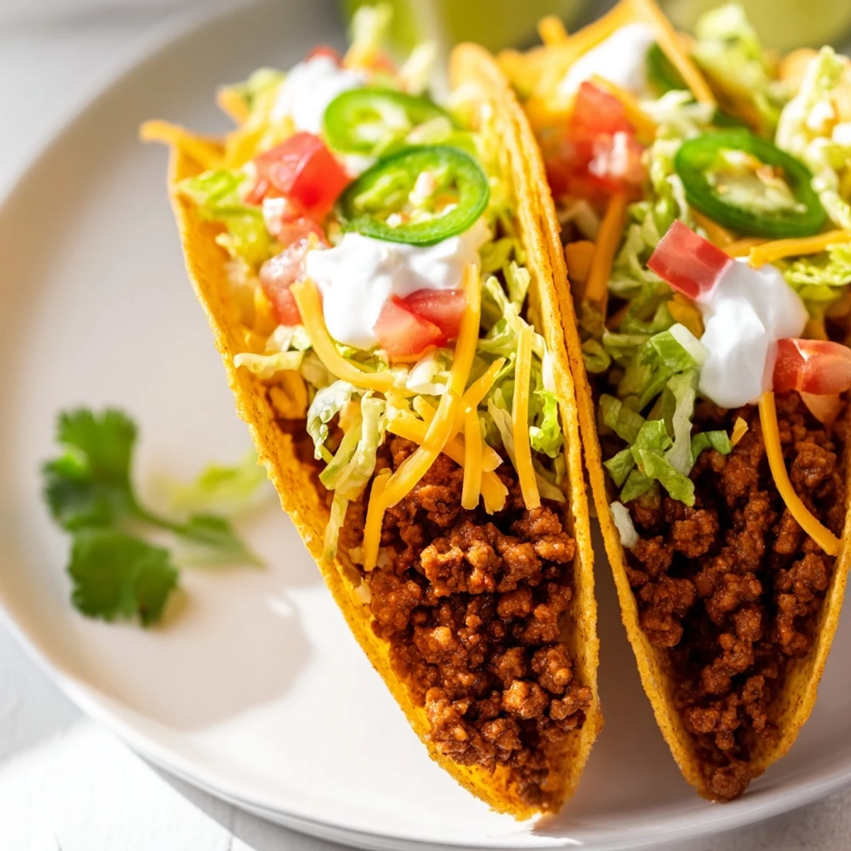Beef Tacos with Hard Shells sit on a rustic wooden table with fresh lime wedges and a dollop of sour cream.