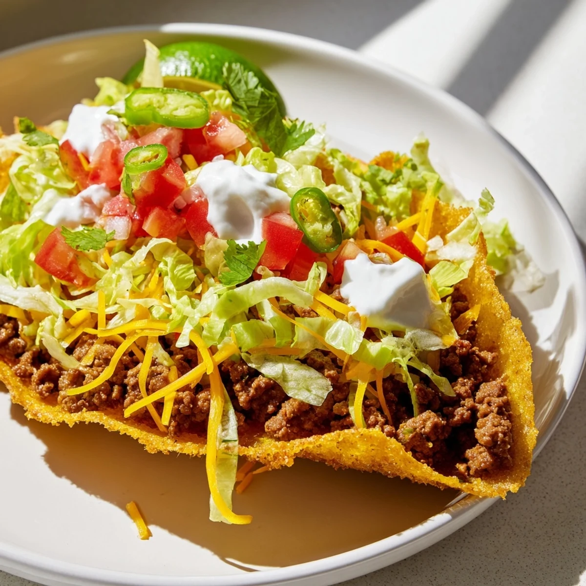 A vibrant platter of Beef Tacos with Hard Shells garnished with cilantro and jalapeño slices, ready for a festive weeknight dinner.