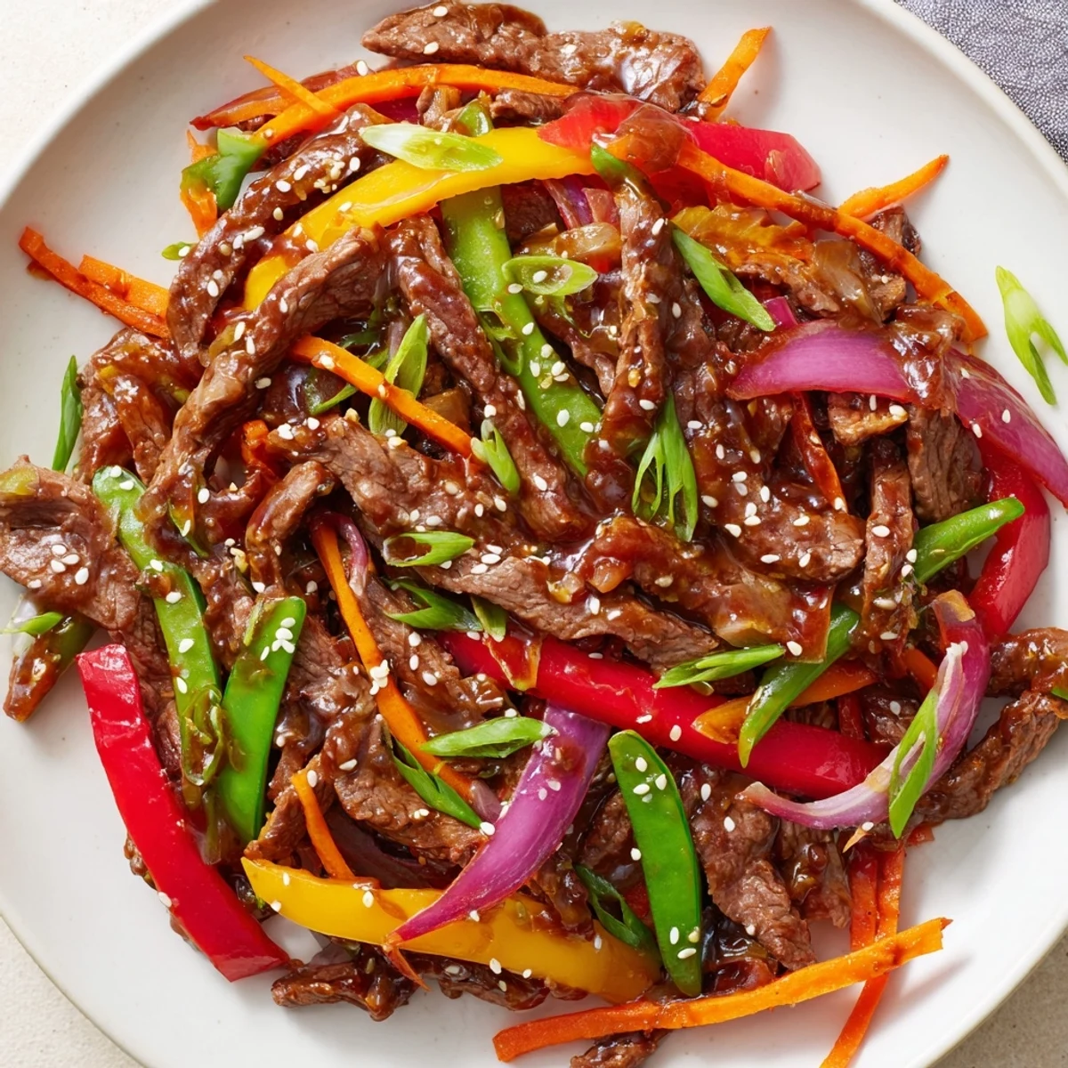 Tender beef strips and crisp bell peppers in a spicy stir fry, served steaming in a bowl for a quick weeknight meal.