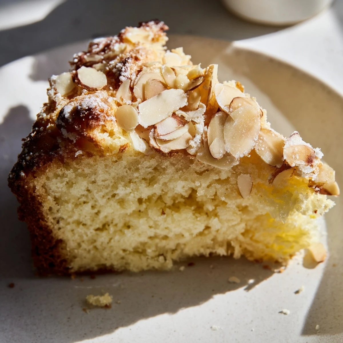 A moist slice of lemon ricotta cake with almonds, garnished with fresh berries and dusted powdered sugar on a rustic plate.