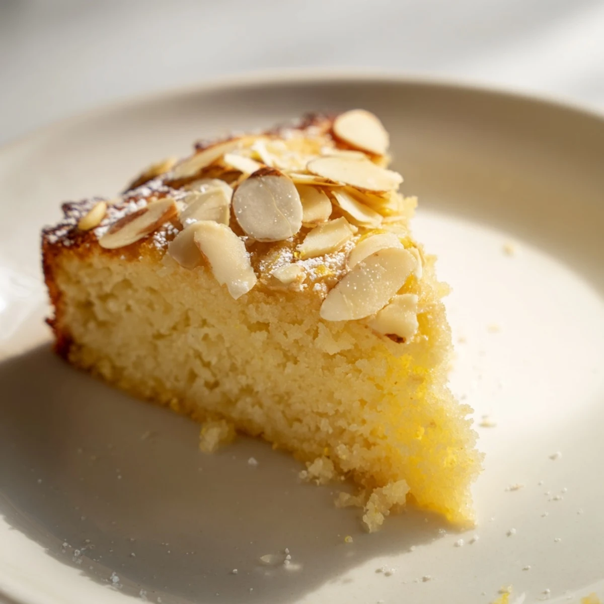 Fork cutting into a tender lemon ricotta cake, revealing a fluffy crumb topped with golden toasted almonds and lemon zest.