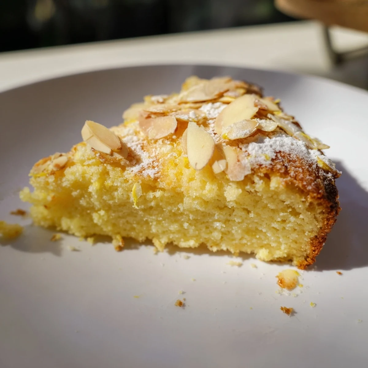 A freshly baked lemon ricotta cake with almonds cooling on a rack, its surface crisp with sliced almonds and sweet sugar.