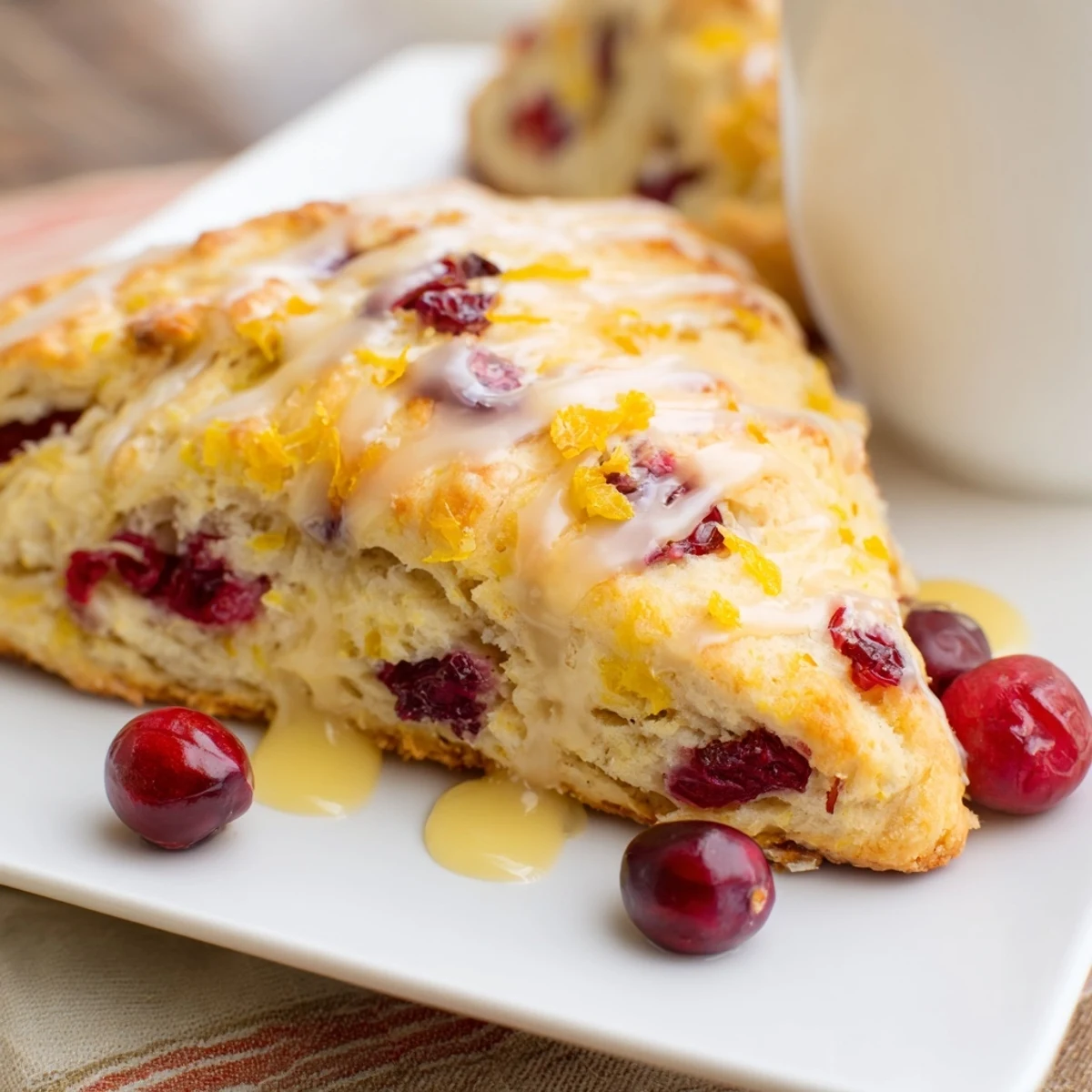 A close-up of Cranberry Orange Scones with Orange Glaze, showing a golden-brown texture with red cranberry pieces and a shiny citrus drizzle.