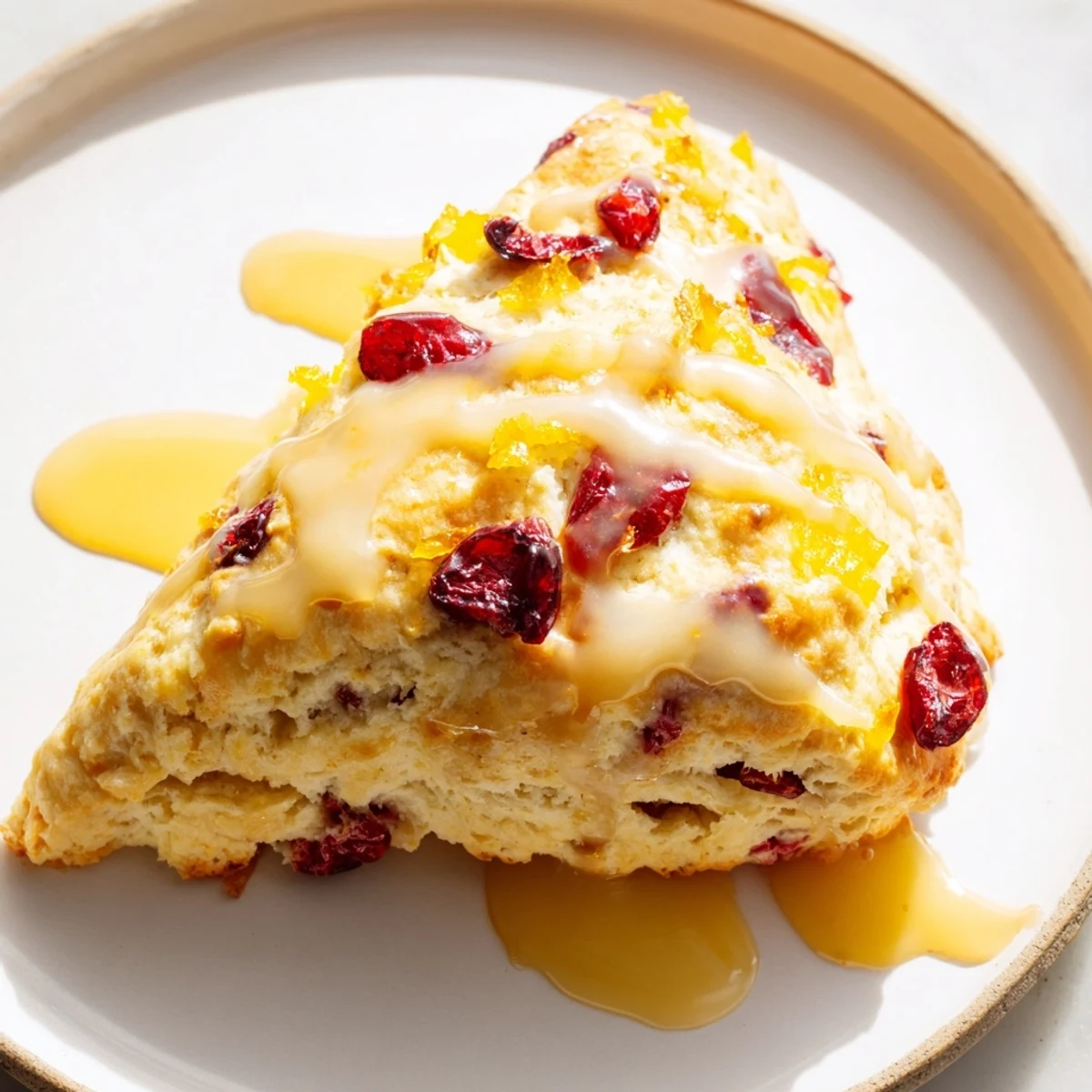 Freshly baked Cranberry Orange Scones with Orange Glaze sit on a white plate, steam rising from the warm pastry, ready for breakfast.