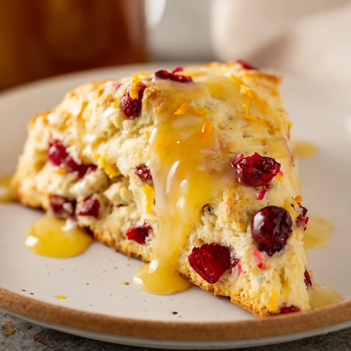 Overhead view of Cranberry Orange Scones with Orange Glaze arranged on a wooden board, highlighting the sweet drizzle and vibrant orange zest.