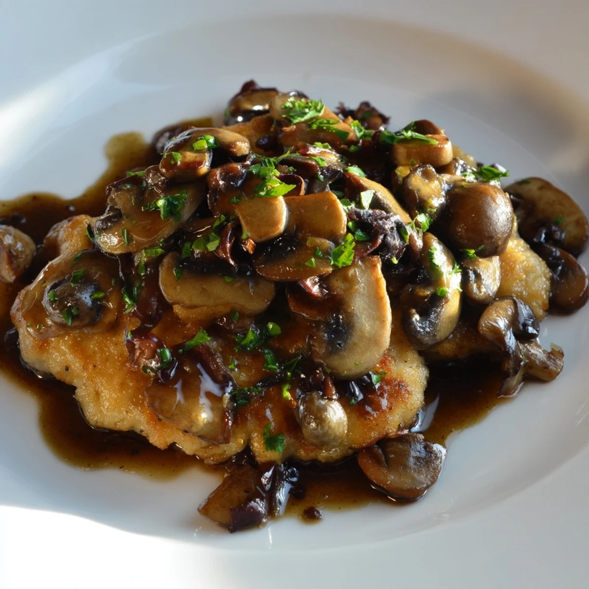 This non-alcoholic Chicken Marsala with Mushrooms features sautéed cremini mushrooms and fresh parsley garnish.