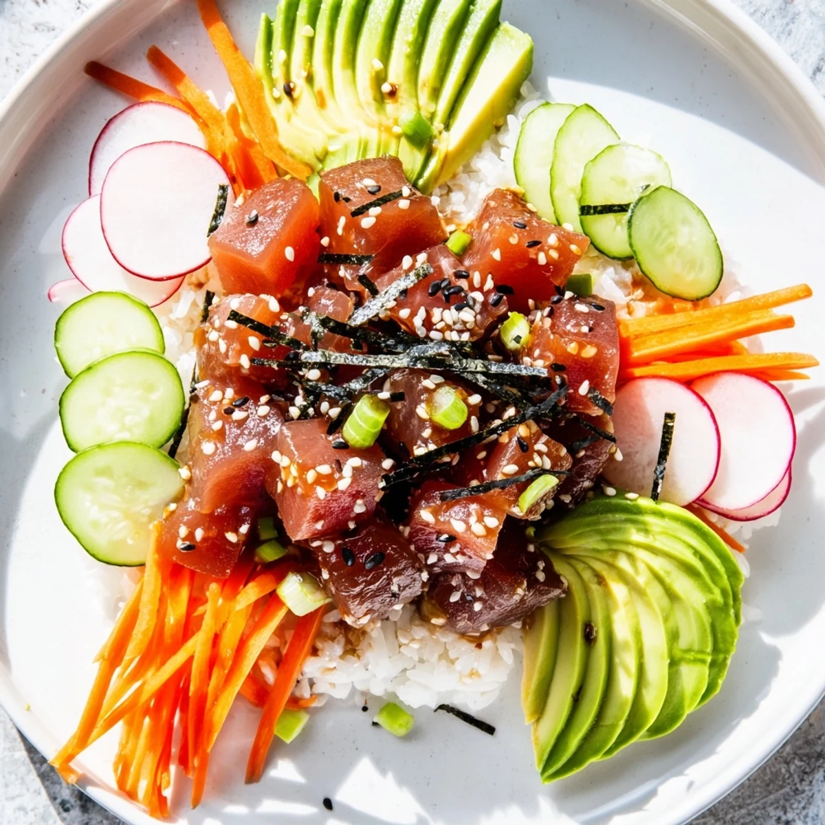 Freshly assembled Spicy Tuna Poke Bowl with avocado slices and colorful veggies on a bed of sushi rice.