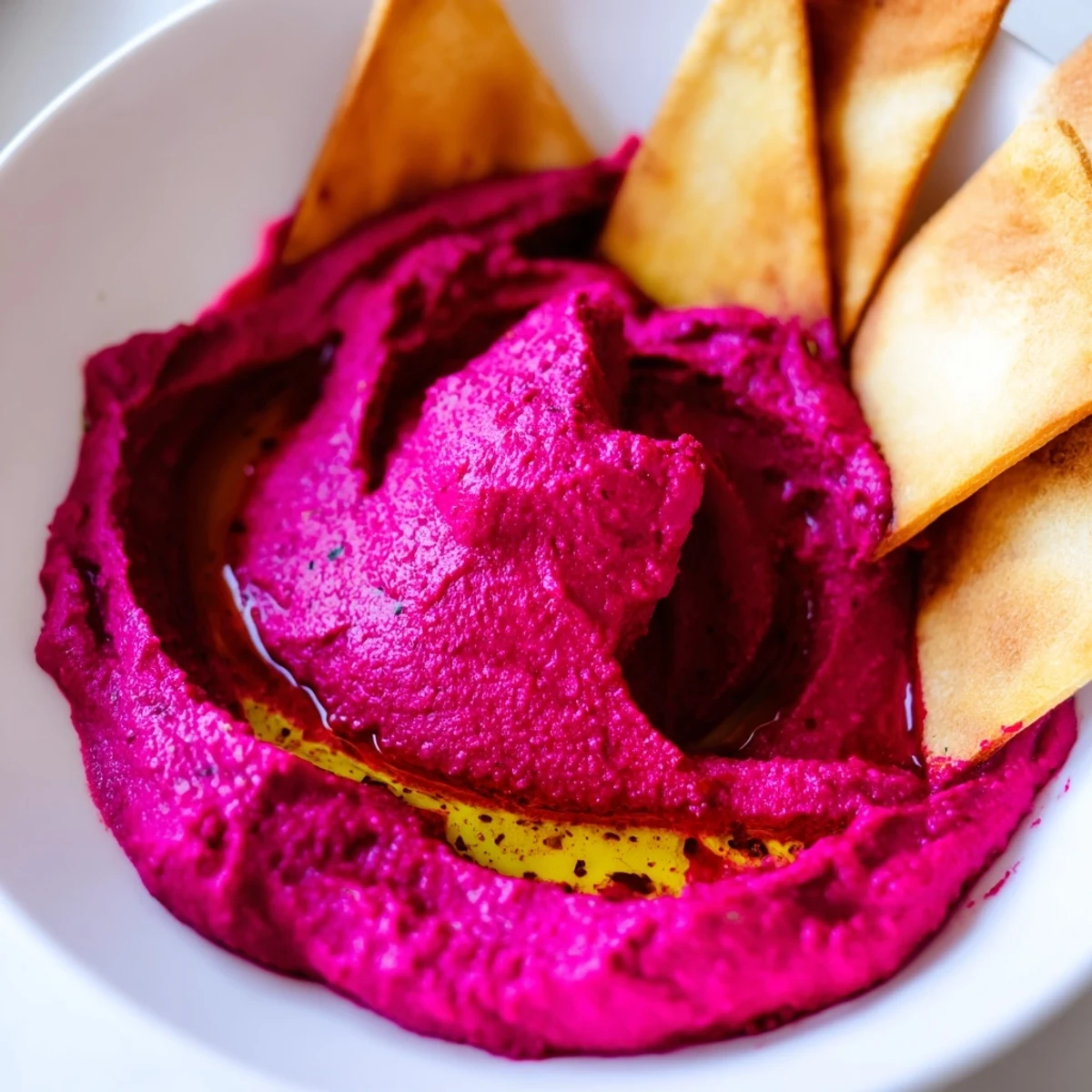 Sliced roasted beet hummus topped with olive oil and sesame seeds served with crunchy pita chips on slate.