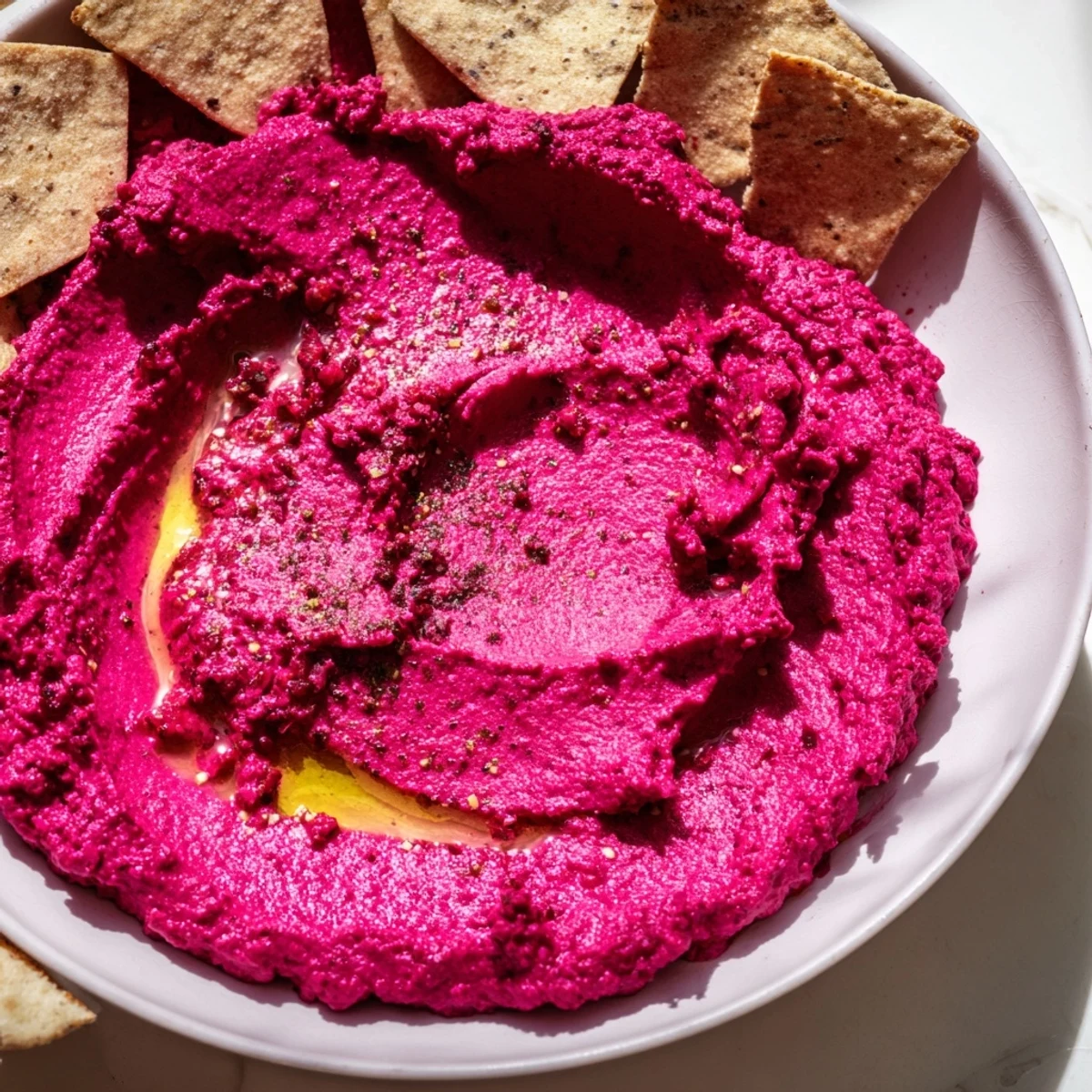 A bowl of vibrant pink roasted beet hummus sits beside golden crispy pita chips, garnished with fresh herbs.