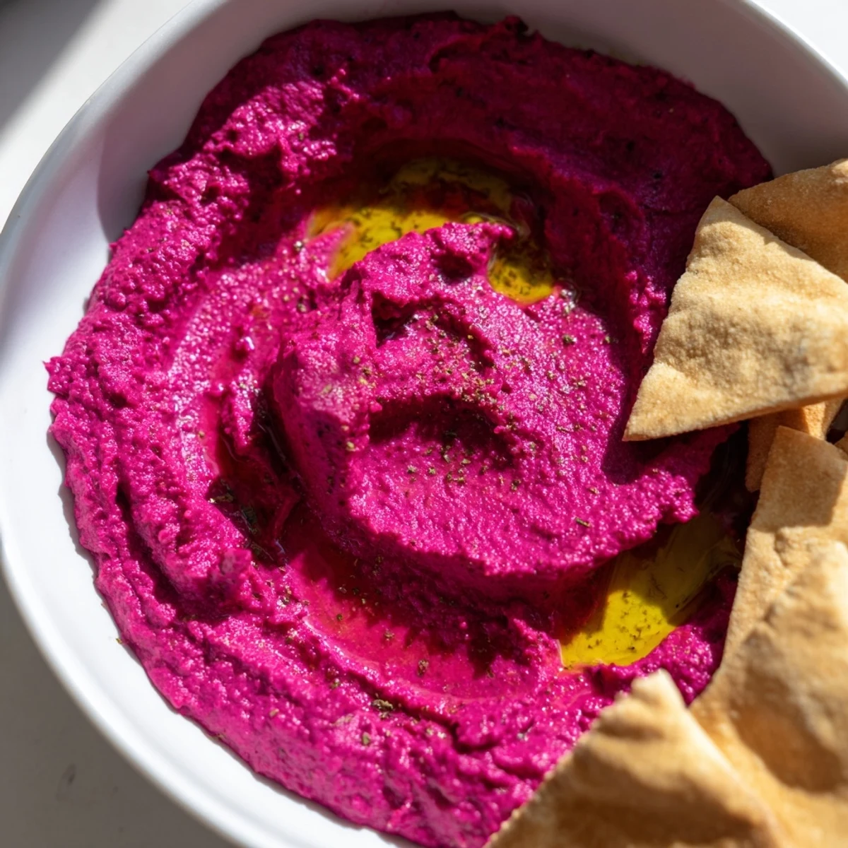 Close-up of creamy roasted beet hummus with earthy beets and warm pita chips, perfect for a healthy snack.
