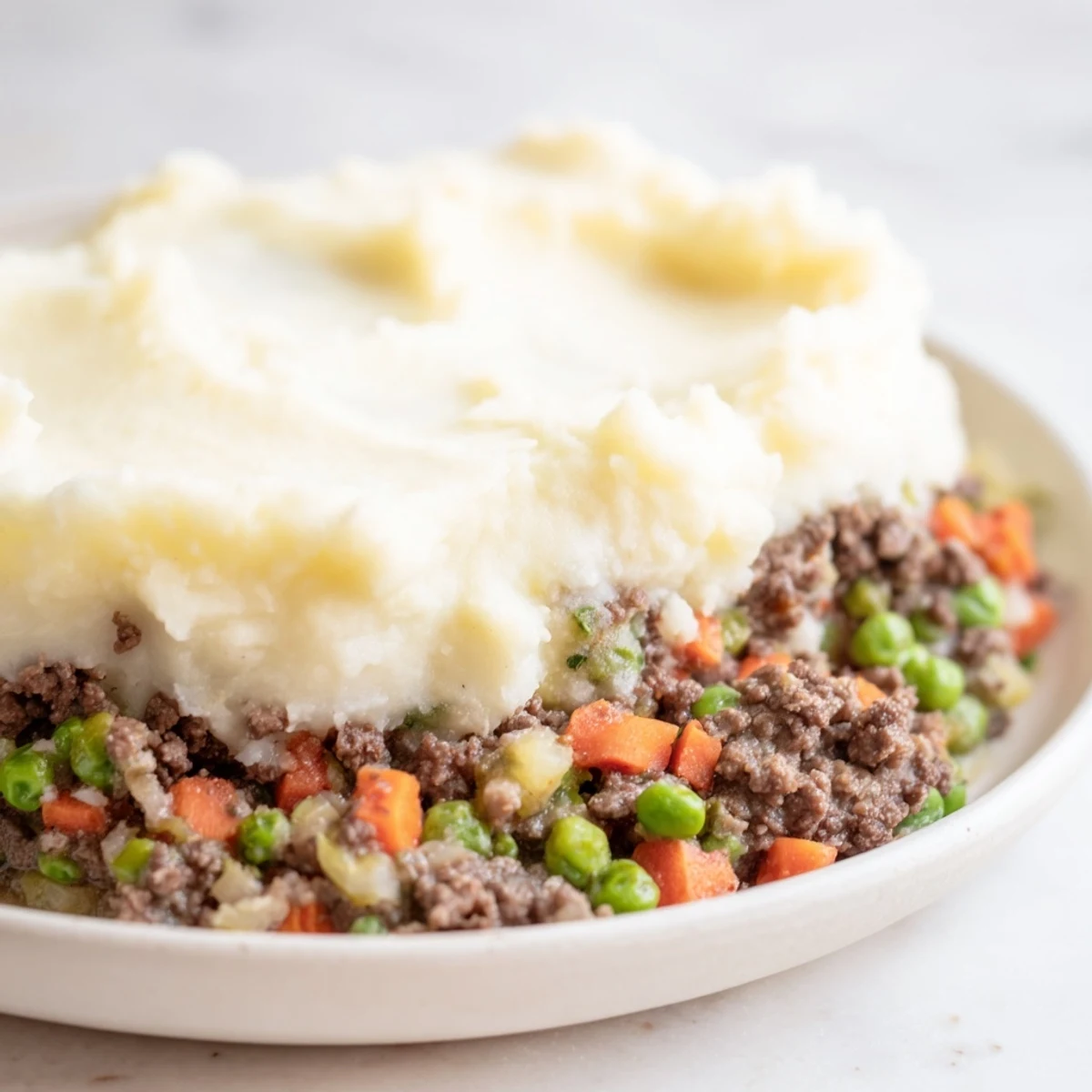 A close-up of Beef Shepherds Pie with Cauliflower Mash, golden-brown topping with bubbling beef and peas.